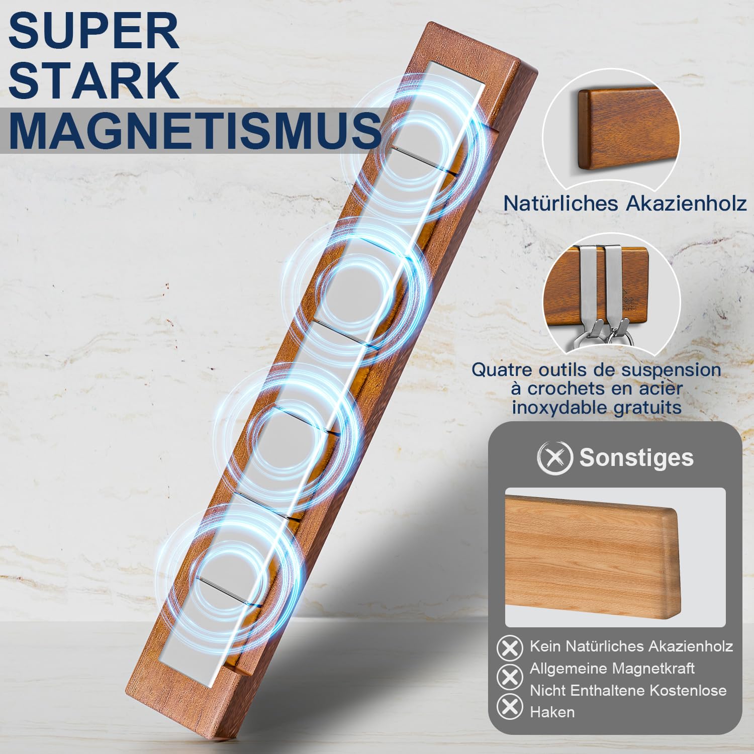 ENOKING Magnetleiste Messer 40 cm, Messerblock Magnetisch ohne Messer, Magnet Messerhalter aus Akazienholz mit 4 Haken