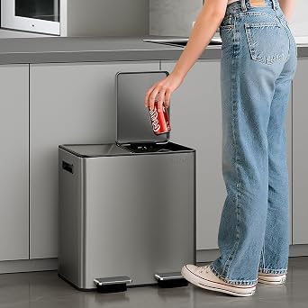 mVm Kitchen Bin,40L Dual Rubbish Bin,2 x 20L Stainless Steel Pedal Bin,Double Recycling Bin with Soft-Close Lids and Plastic Inner Buckets,Fingerprint Proof,Odour Seal,Large Capacity Trash Can
