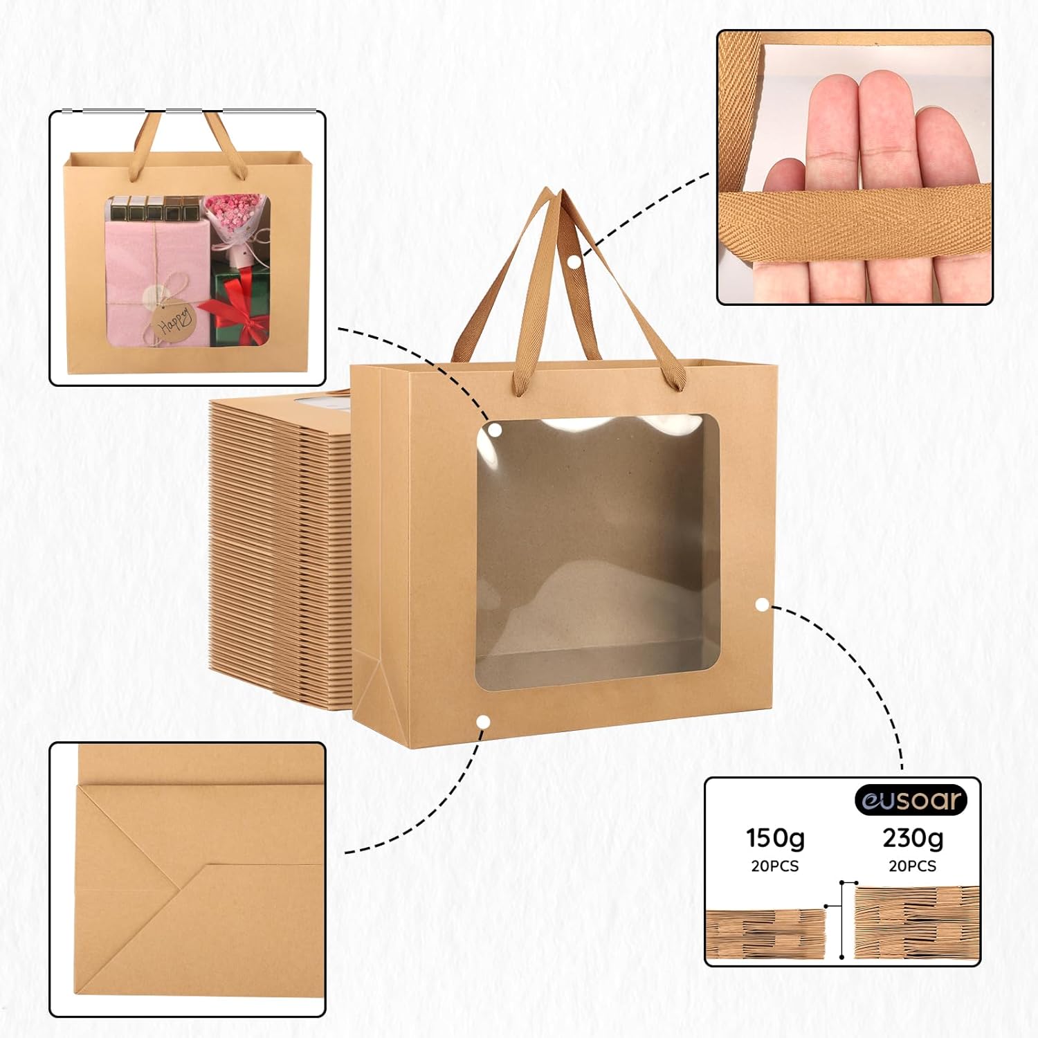 EUSOAR Gift Bags with Transparent Window, 20pcs 12.5"x4.5"x11" Kraft Brown Clear Paper Gift Bag with Handles, Bouquet Tote Shopping Bags Bulk for Wrapping Wedding Festival Bridal Party