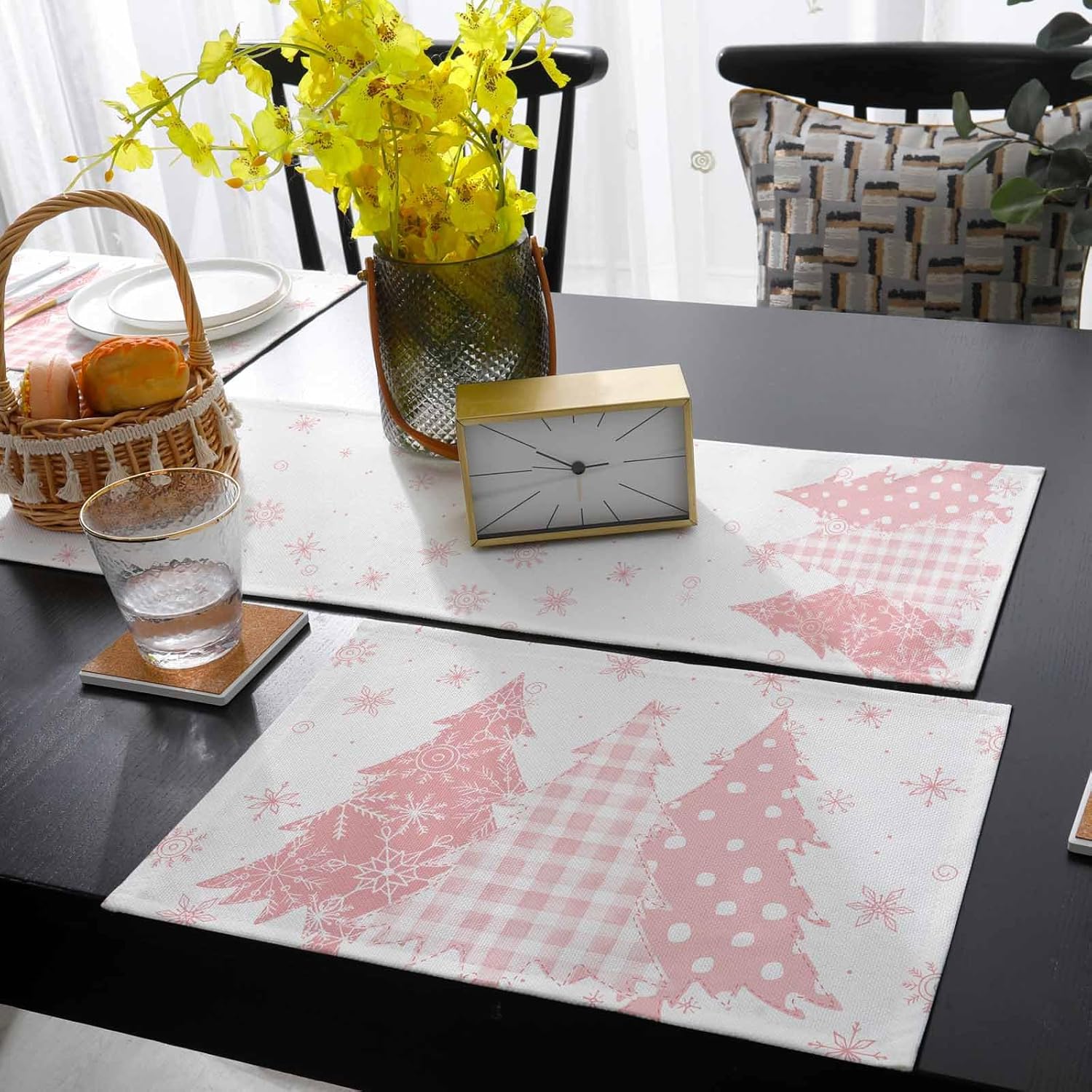 Pink Christmas Table Runner with Placemats Set of 2, Cotton Linen Kitchen Dining Mats Long Tablerunner 13"x90" Xmas Pink Snowflake Pine Tree Table Mats Set for Living Room/Dresser/Dining