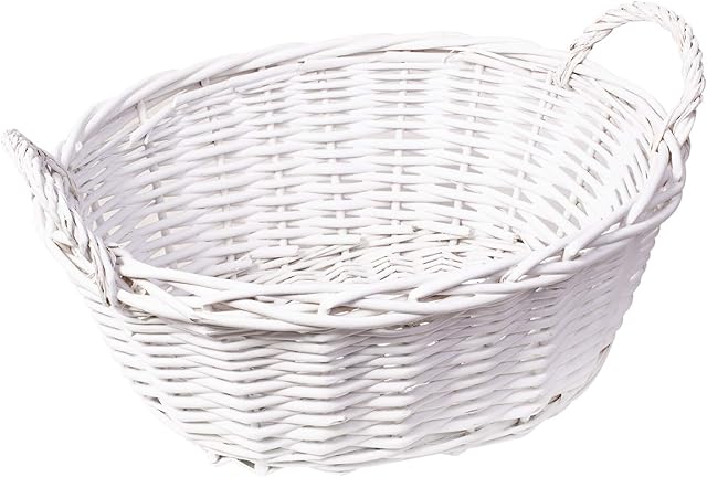 Woodluv Hand Made Wicker Oval Storage Gift Hamper Basket With Handles, White 33 x 13 x 13cm