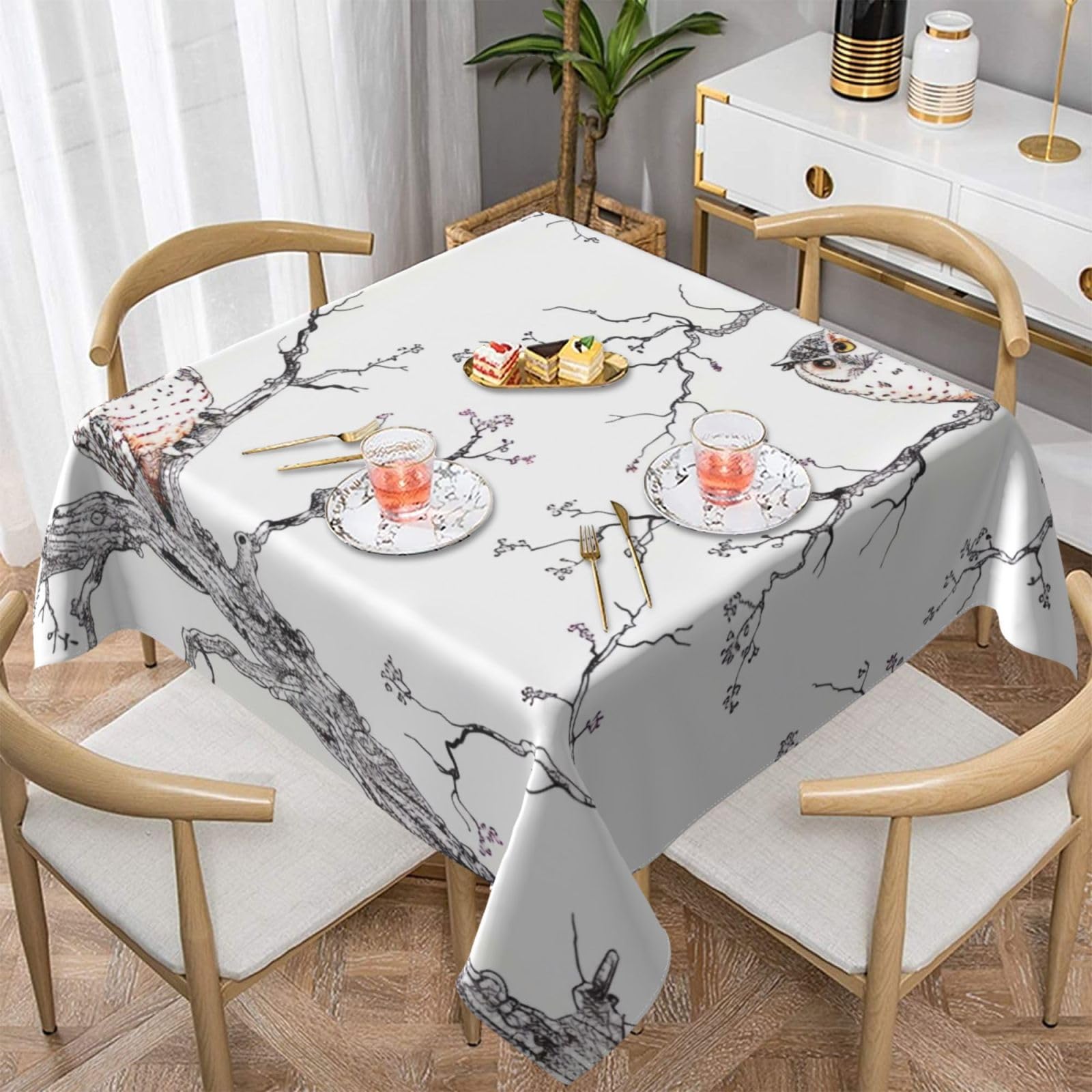 WPKJU Owl Tree Branches Printed Square Tablecloth 54x54 inch Water Resistant Table Cover Washable Rectangle Table Cloth for Dining Tables