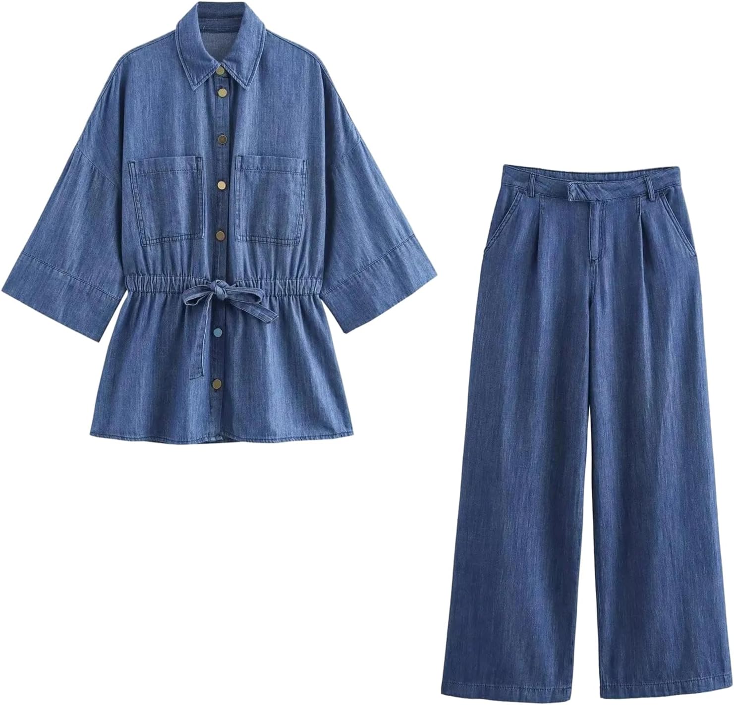 Women's Denim Two Piece Pant Sets 3/4 Sleeve Bow Tie Shirt and Wide Leg Jeans Trousers Casual Office Outfits
