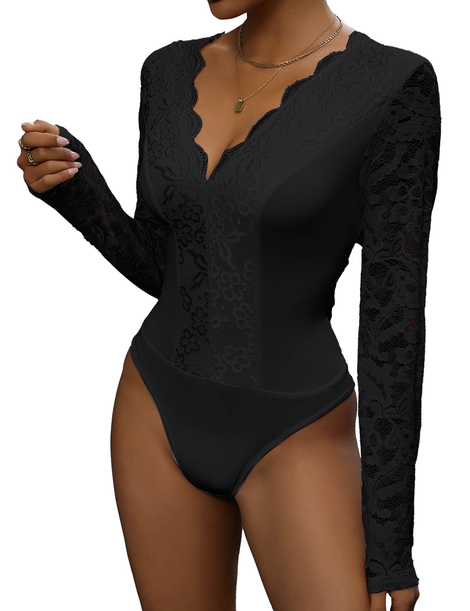 Everbellus Body Haut en Florale Dentelle Sexy pour Femme, Bodysuit Chemises à Manches Longues et Décolleté en V Profond pour Soirée en Amoureux