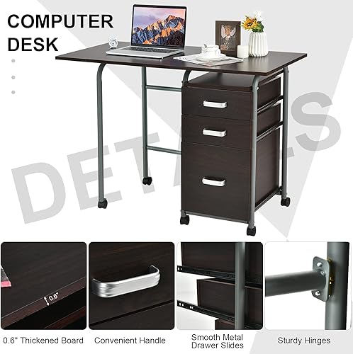 Miniatura 8 de Tangkula Escritorio plegable para computadora con 3 cajones de almacenamiento, escritorio de oficina en casa móvil, escritorio de estudio con ruedas