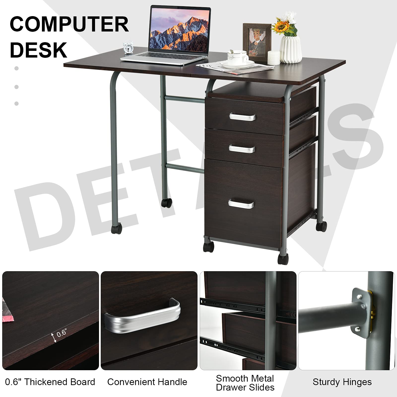 Tangkula Folding Computer Desk with 3 Storage Drawers, Mobile Home
