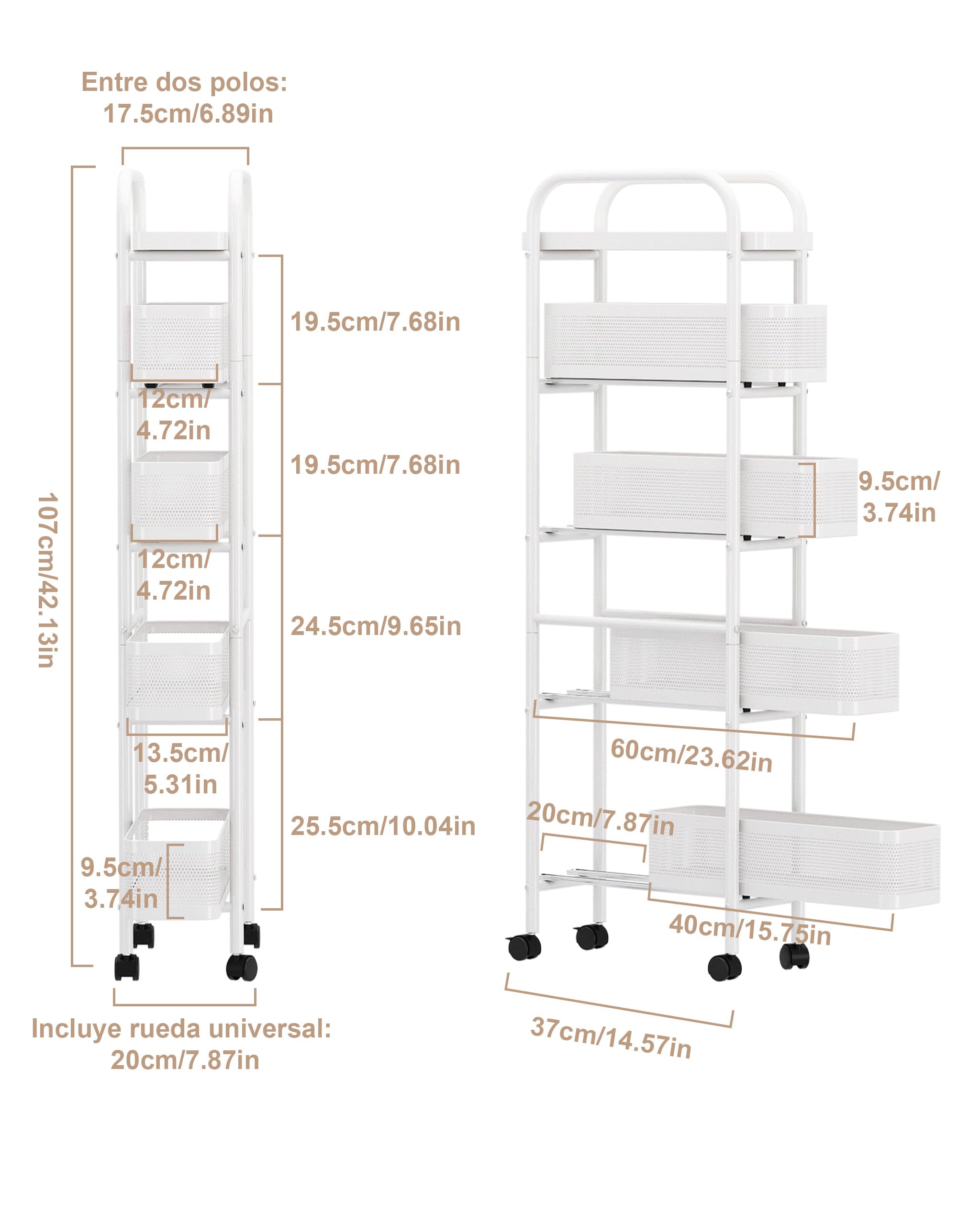 UMDONX Carrito auxiliar con ruedas con cajones extraíbles, Carro de servicio de 5 niveles, Carrito Cocina Ahorra Espacio Estanteria Estrecha Carrito Cocina para cocina, baño, dormitorio, salón(Blanco)