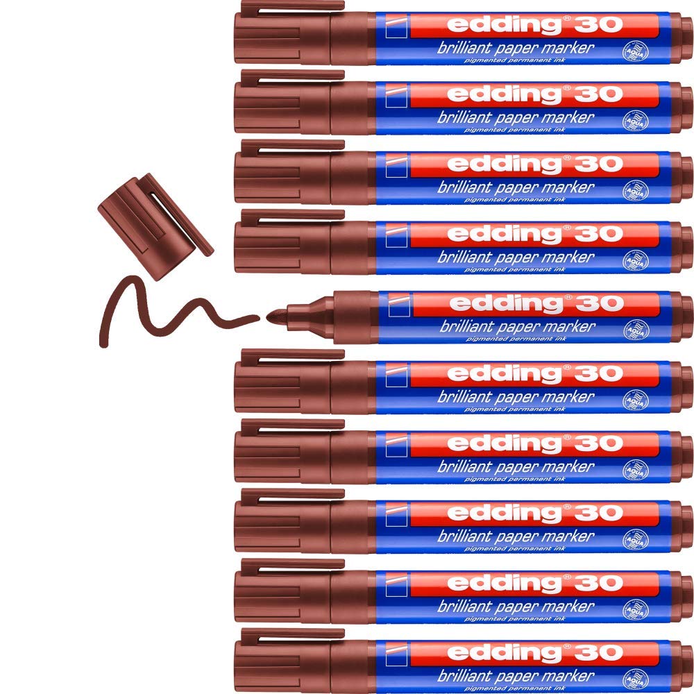 edding 30 marcador de tinta brillante para papel - marrón - 10 rotuladores permanentes - punta redonda 1,5-3 mm - colores vibrantes - resistentes a la luz - papel, cartón, plástico, metal, vidrio