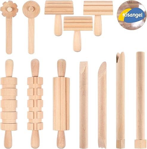 Miniatura 7 de Kisangel 12 piezas de herramientas de masa de madera con patrón de arcilla, juego de rodillos para moldear masa, herramienta de moldeo para niños