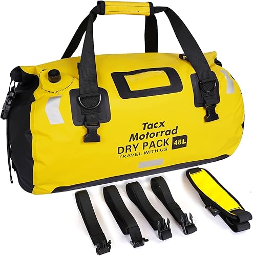 Tacxmotorrad Bolsa seca de PVC de 48L para motocicleta, impermeable, bolsa reflectante con correas y asas, Amarillo, Bolsa de lona impermeable