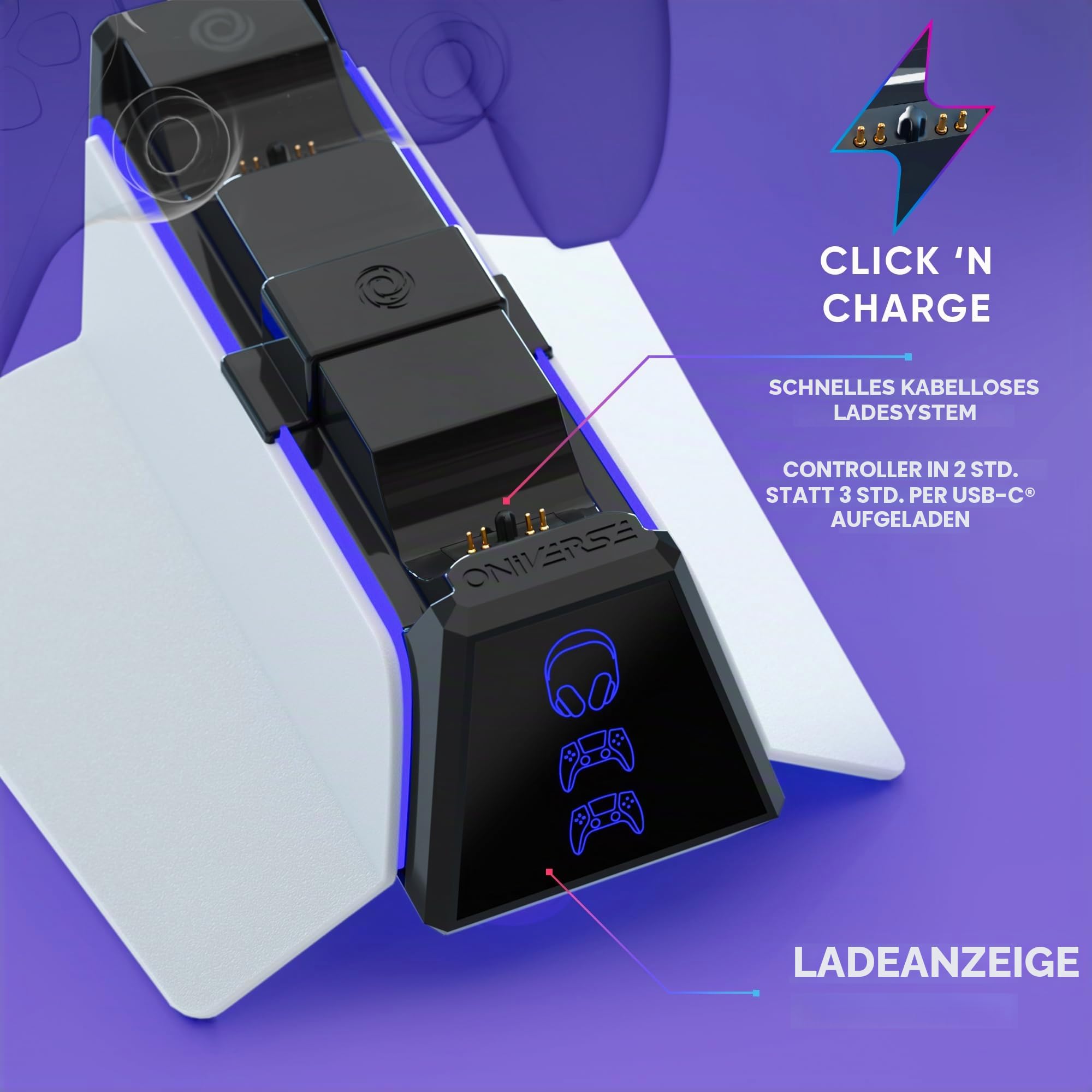 Ladegerät für PS5-Controller – Schnellladestation, 2 Stunden mit Halterung für Controller und PS5-Zubehör, Doppel-Ladegerät kompatibel mit DualSense, abnehmbare Halterung für Kopfhörer
