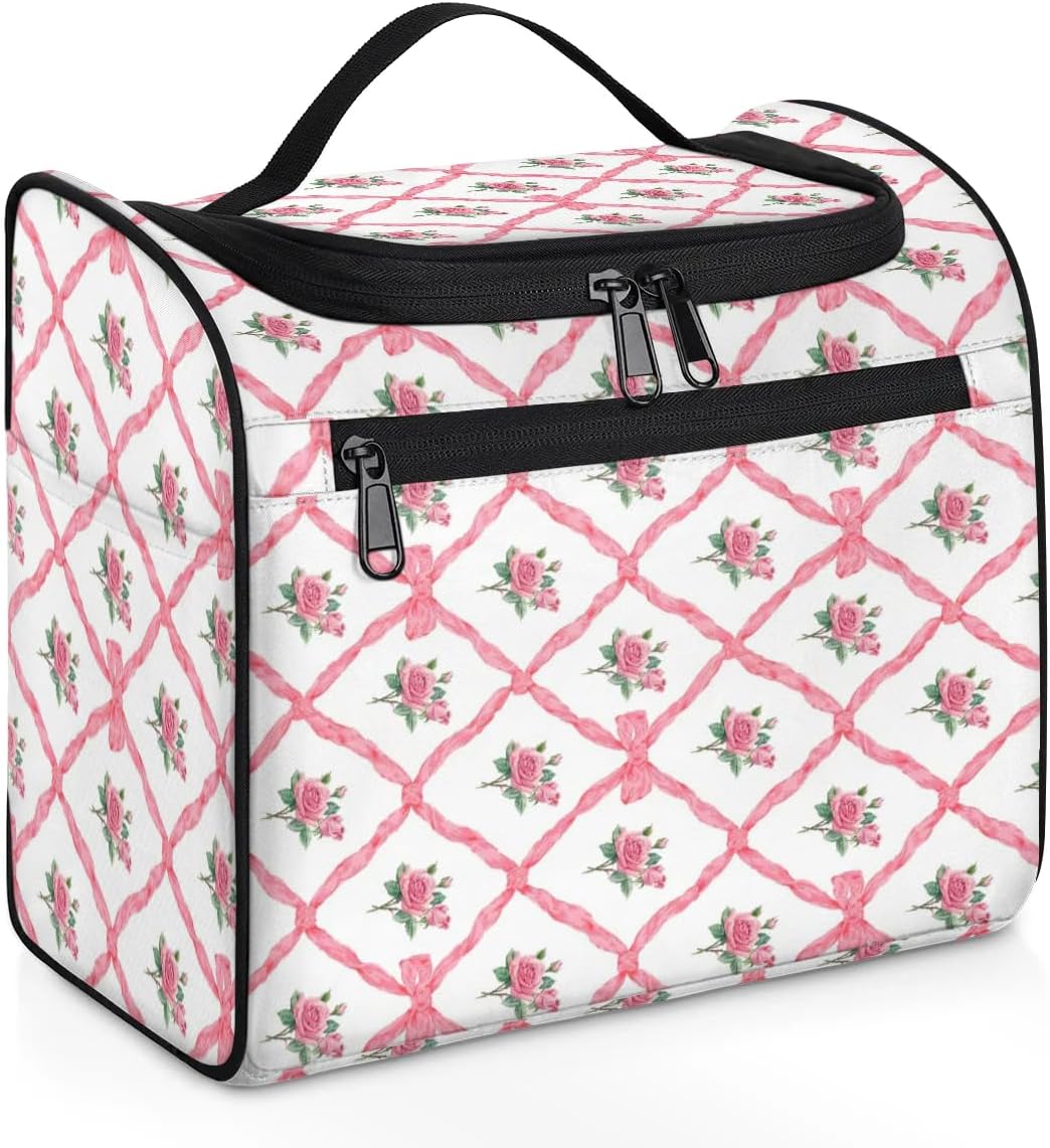 Hanging Travel Toiletry Bag for Women Men Makeup Bag Organizer Pink Cute Plaid Geometric Rose Floral Large Cosmetic Bag Waterproof Dopp Kit Travel Bag for Toiletries Accessories Essentials