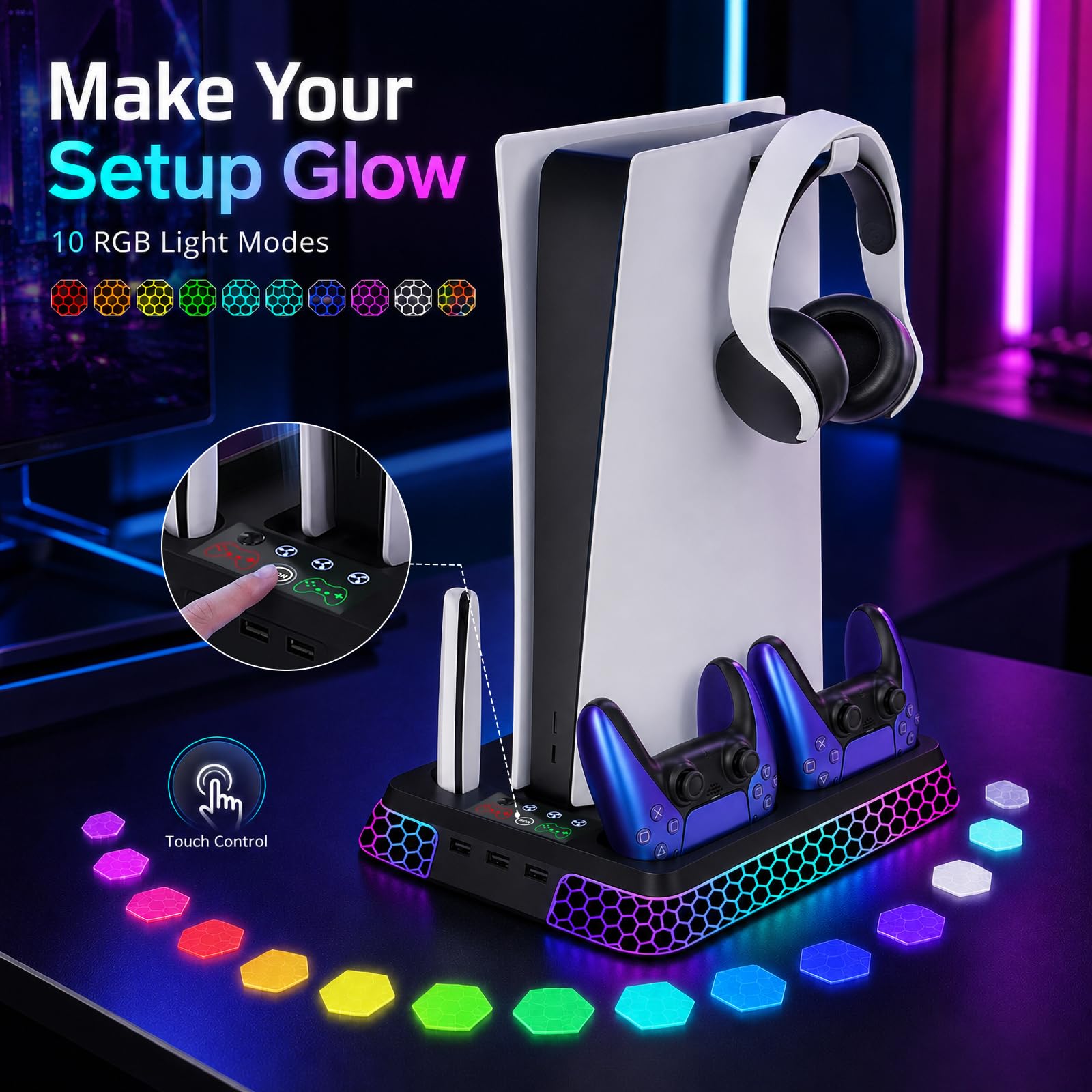 Soporte para PS5 con estética hexagonal RGB, estación de refrigeración PS5 para consola digital PlayStation 5 Slim Pro Disc con ventilador de refrigeración, controlador dual, cargador rápido USB