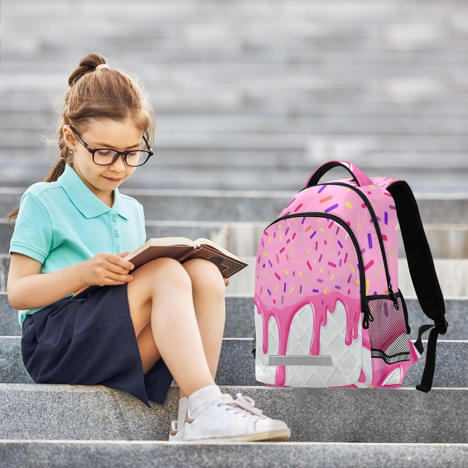 Ice Cream Pink Backpacks with Chest Strap,Lightweight Bookbags 17 Inch, Casual Daypack Bags