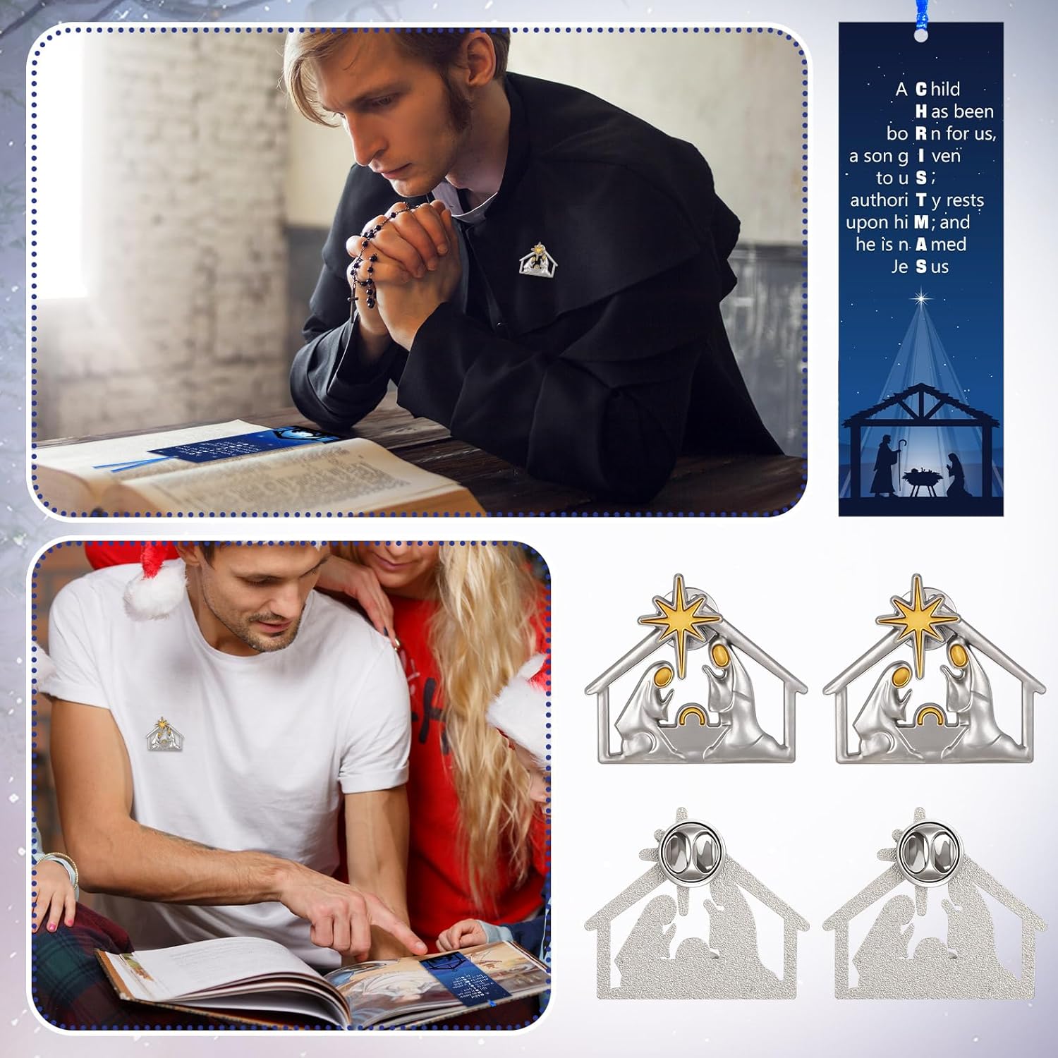 Supervitae 24 Pcs/ 12 Sets Christmas Nativity Stable Pin Christian Bookmark Gift Bulk, Include 12 Xmas Jesus' Birth Bookmarks 12 Two-Tone Silver Nativity Stable Pin for Christmas Adult Church Favors
