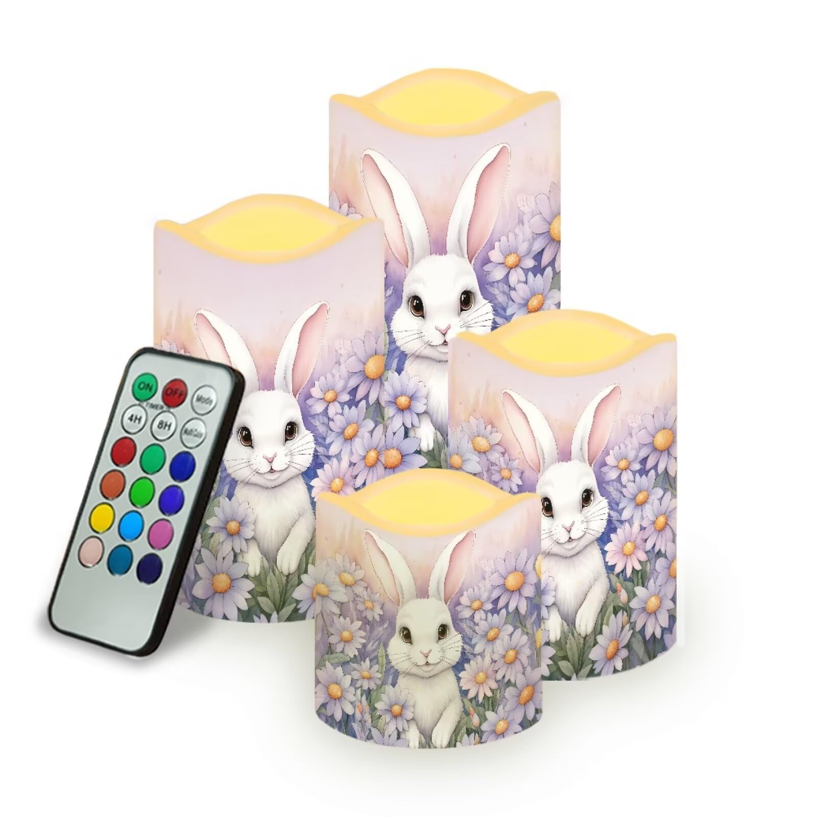 Easter Bunny Daisy Plastic Flameless Candles with Remote Control and Timer LED Flickering Battery Operated Color Changing Electric Pillar Candles Easter Decoration