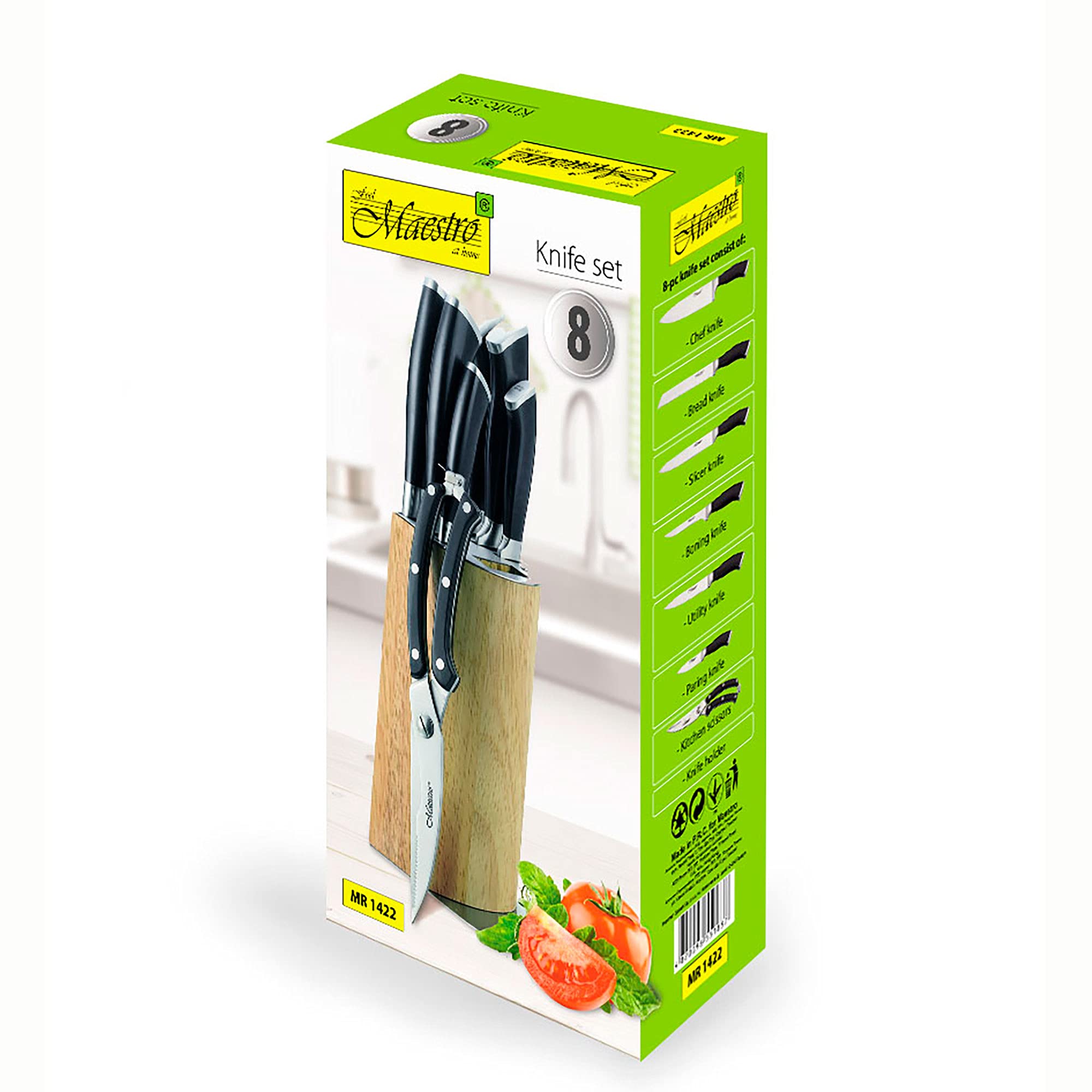 Maestro MR-1422 Blocchi Coltelli Cucina Professionale, 8 pz.,Stecca in Legno Design Moderno, 6 Lame in Acciaio Inossidabile, Maniglie Ergonomiche, Forbici