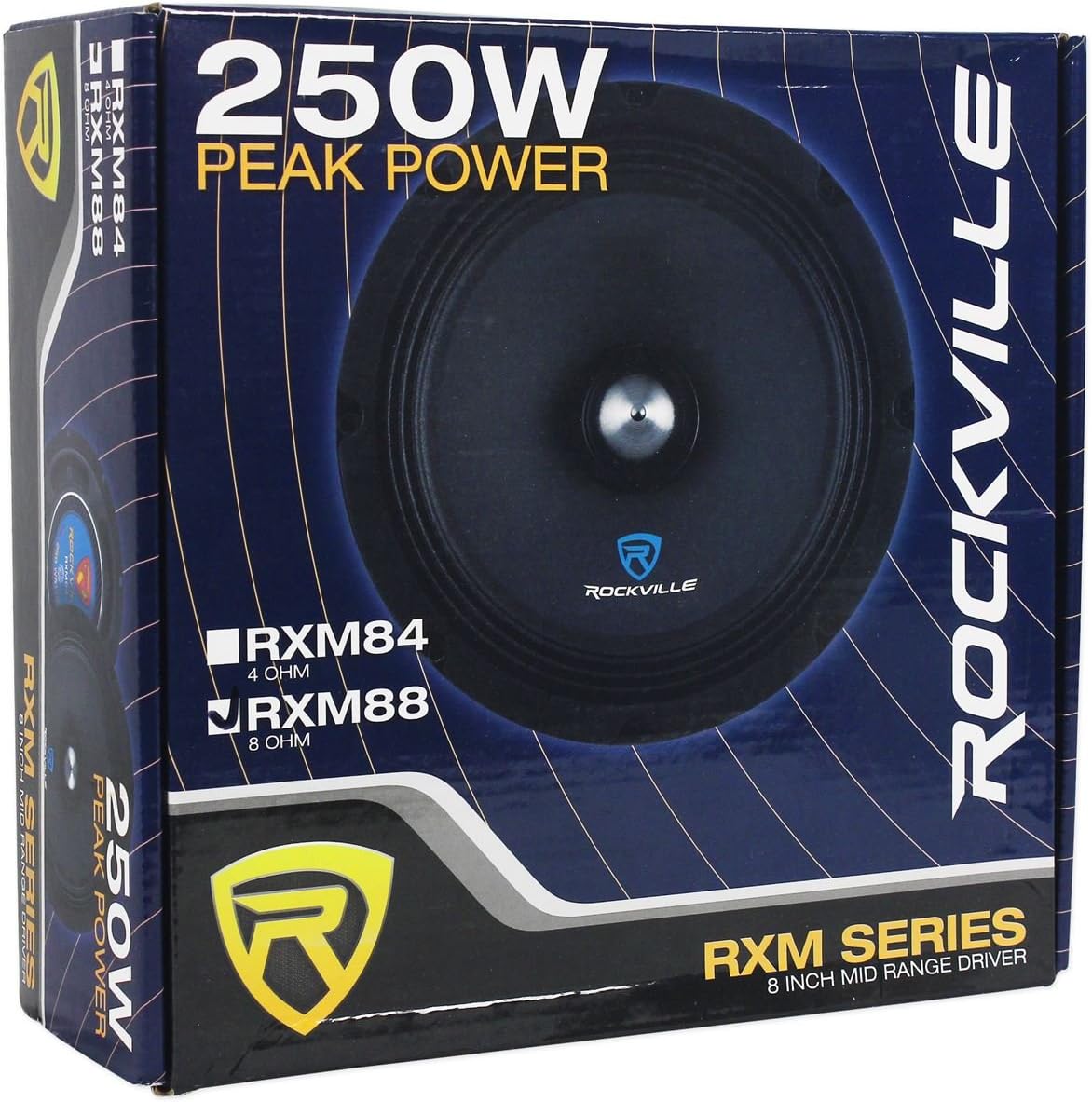 Rockville RXM88 8 in 250-Watt Peak/125-Watt RMS 8 Ohm Mid-Bass Midrange Driver Speaker, Kevlar Cone, 102 dB Sensitivity, for Car Door Installations, 8-piece
