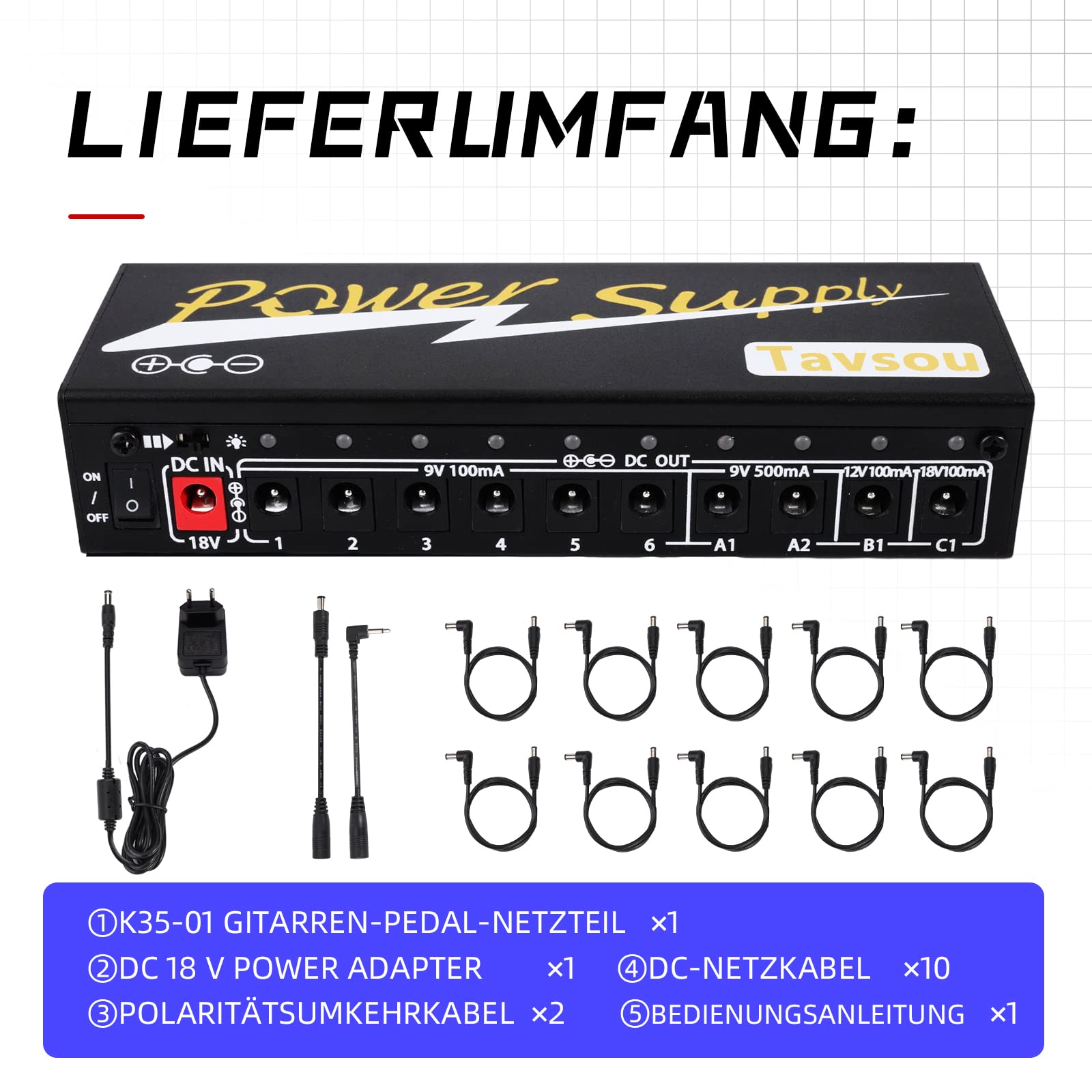Netzteil für Gitarren-Effektpedale 10 isolierter DC-Ausgang 9V/12V/18V mit separatem Kurzschlussschutz EU Adapter