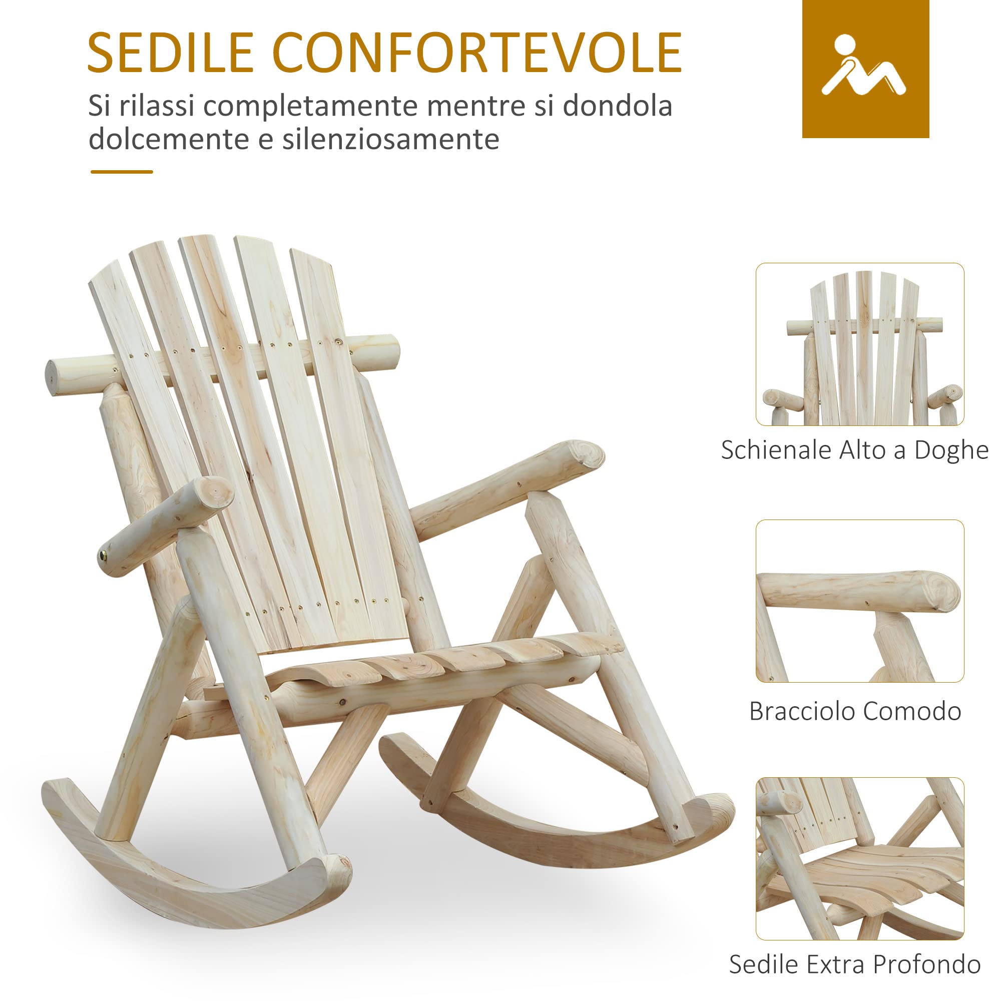Outsunny Silla mecedora de jardín, estilo Adirondack, de madera de abeto, diseño ergonómico, color madera, 96 x 66 x 98 cm