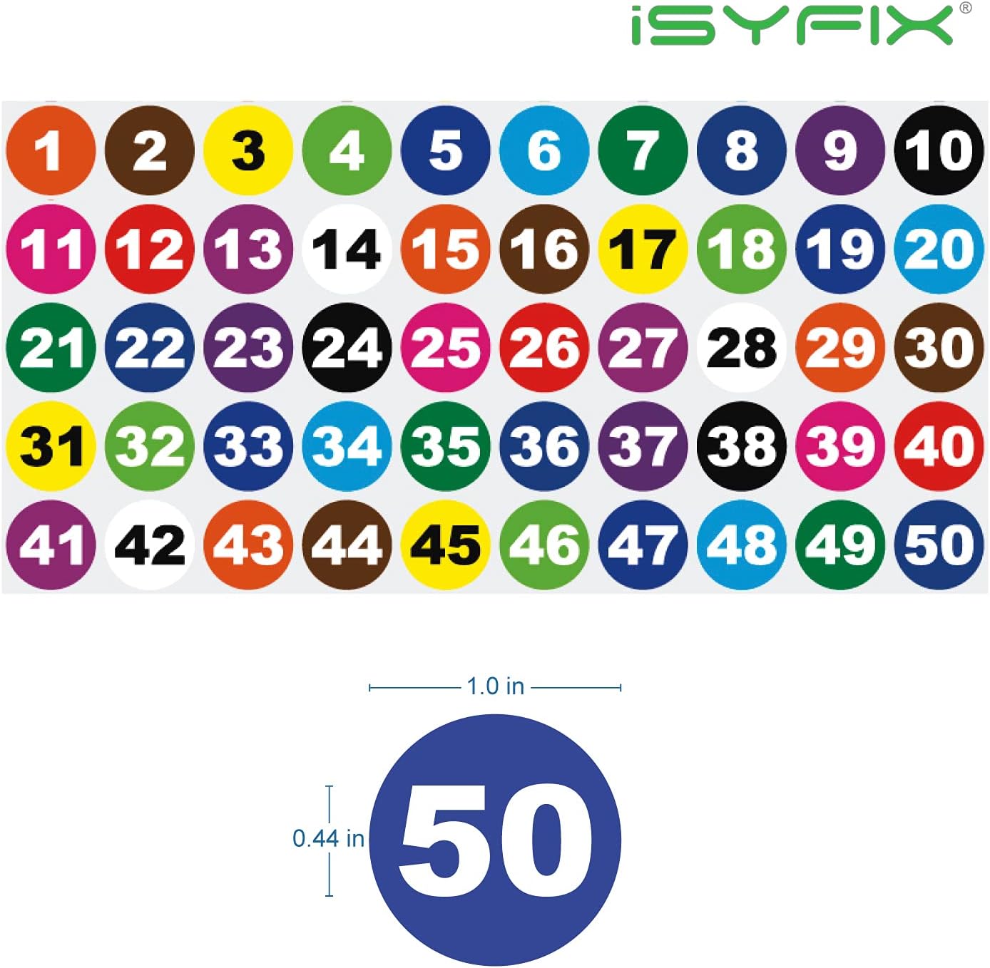 iSYFIX Multicolor Consecutive Number Stickers, 1 to 50, 1 Inch, 1 Set