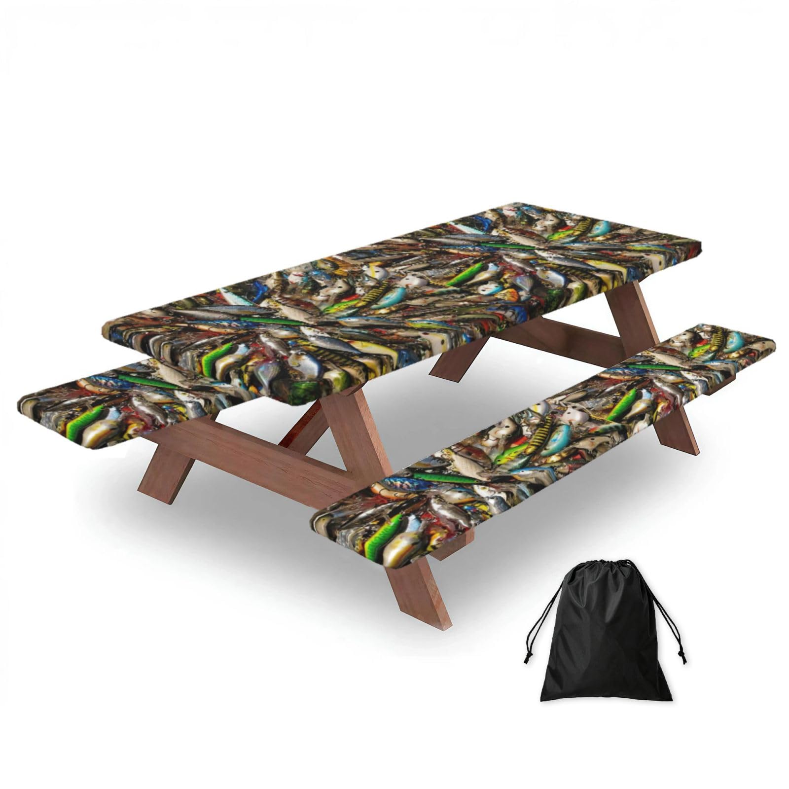 Yqxwjl Black Fishing Bait Print Camping Essentials Waterproof Camping Table And Bench Cover With Drawstring Bag 183 Cm