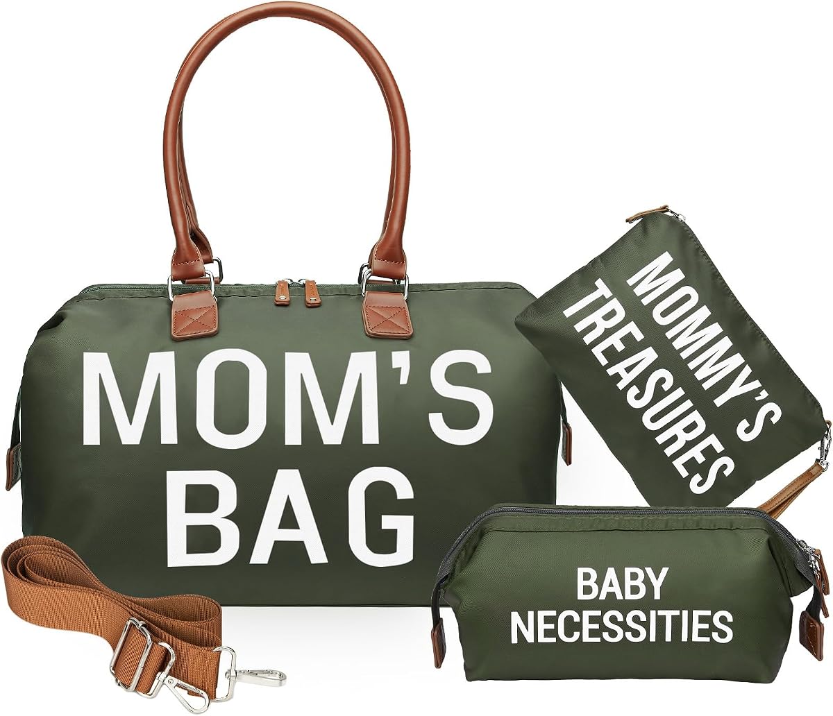 Mommy Diaper Bag Tote with 2 Organizer Pouches, Spacious 17.7in Mom’s Bag for Hospital and Weekender Travel, Olive Green