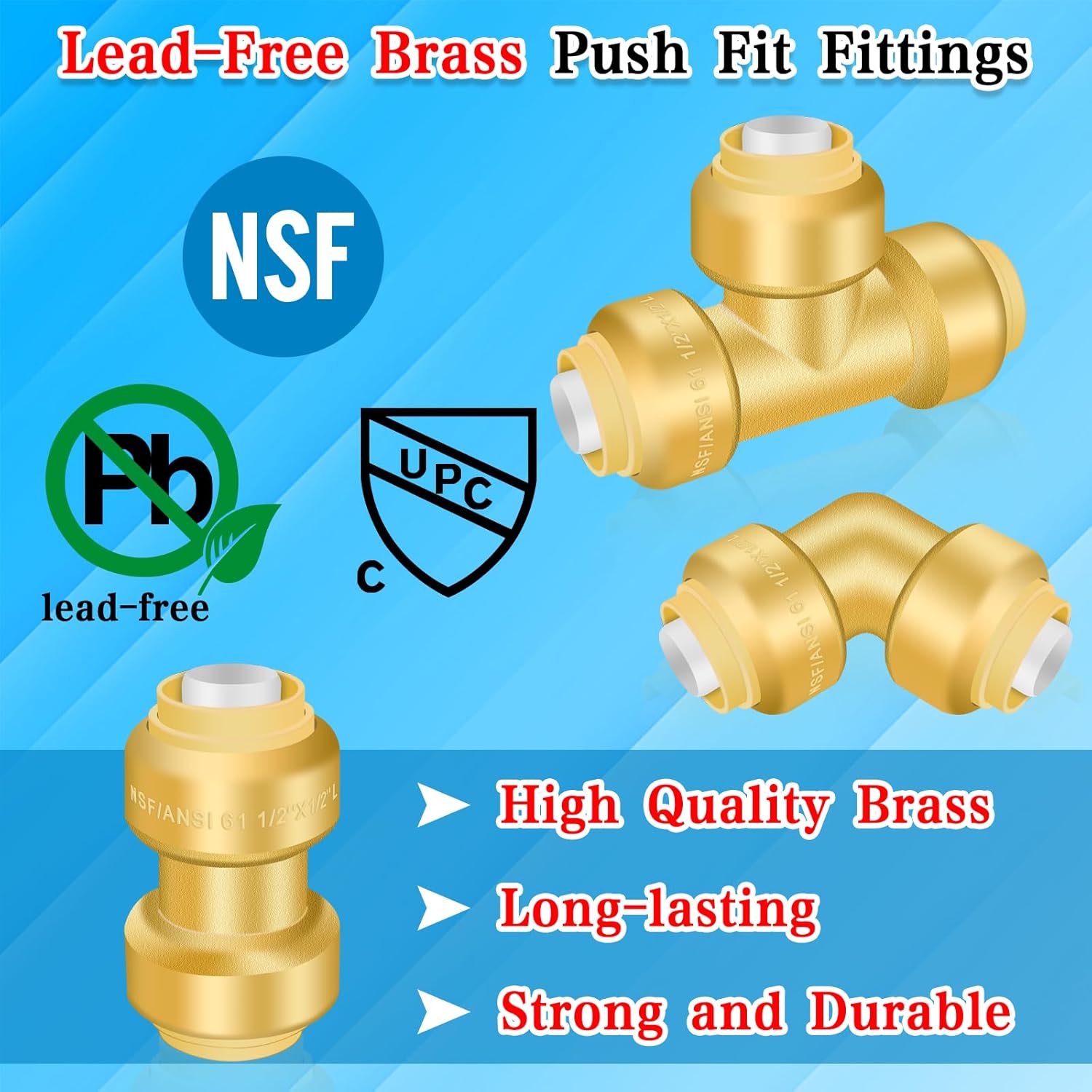 Boltigen Plumbing Fittings 1/2 inch, 6pack No Lead Brass Push Fit to Connect Couplings, 2pcs Straight, 2pcs 90 Degree Elbows, 2pcs Tee, with Disconnect Clip, for Connecting Copper, PEX, CPVC