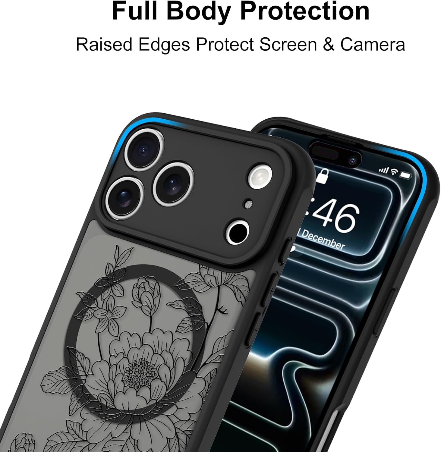 MZELQ Magnetic Case for iPhone 17 Pro Max 6.9 Inch, Clear Peony Floral [Compatible with Magsafe Charging] Translucent Matte Hard Shockproof Camera Protection Cover for Women Men, Frosted Black