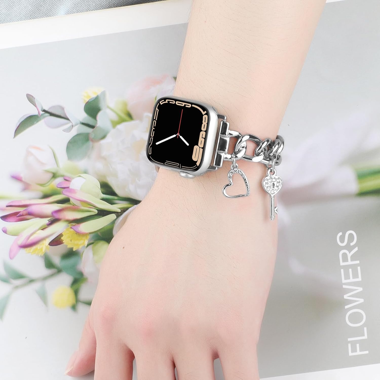 Stylish Metal Bands Compatible with Apple Watch Band 49/46/45/44/42mm 41/40/38mm Women,Cuban Chain Band with Bling Cute Key Love Charms Pendants for iWatch Series 11 10 9 8 7 6 5 4 SE/Ultra 3 2 1 - Image 6