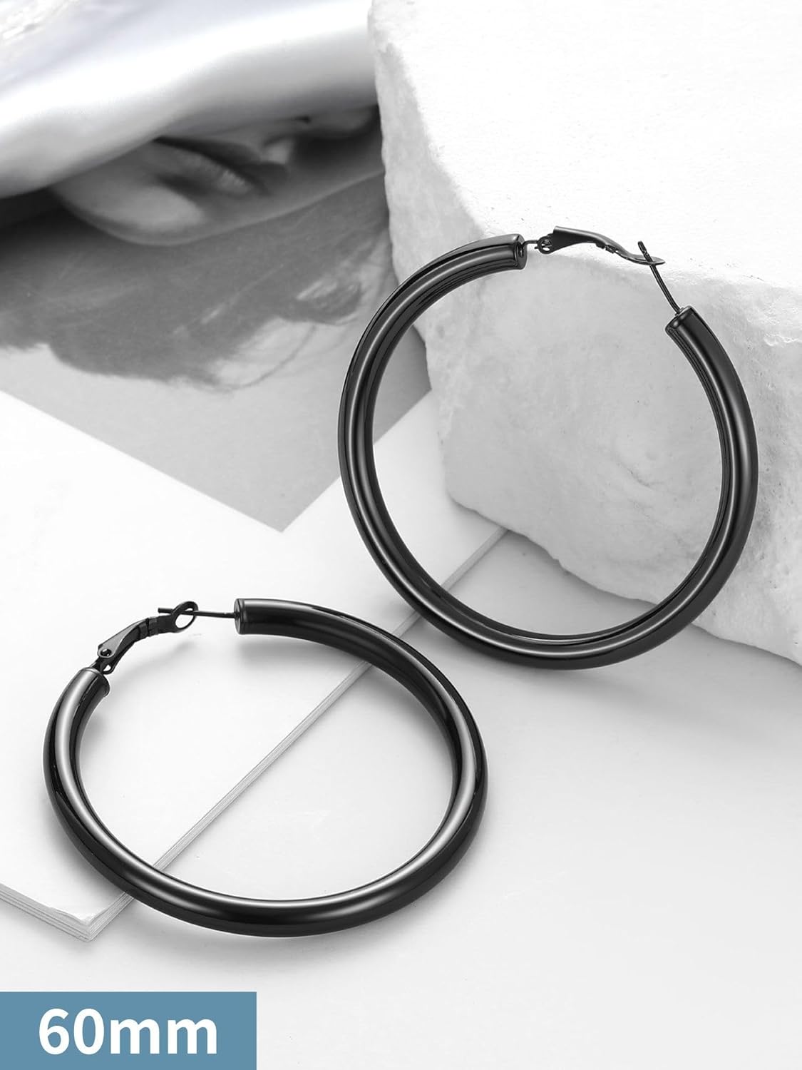 Stainless Steel Chunky Hoop Earrings For Women, Minimalist and Chic, Black/Gold Plated, Round Hoops Earrings Hypoallergenic, Size: 30mm/40mm/60mm/80mm, Come with Box - Image 6