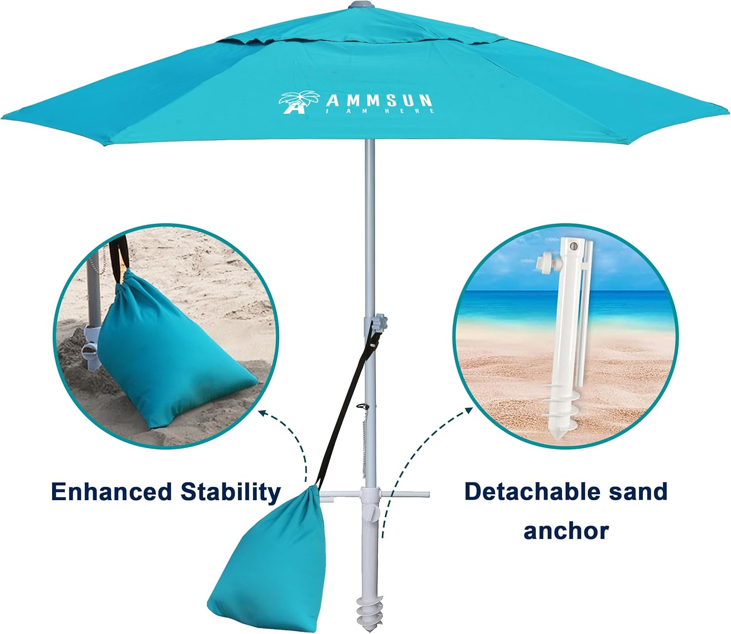 AMMSUN 8ft Large Beach Umbrellas for Sand Heavy Huty Wind Portable Commercial Grade Patio Beach Umbrella with Sand Anchor Adjustable Height Air Vent UPF 50+ Telescoping Pole without tilt Teal