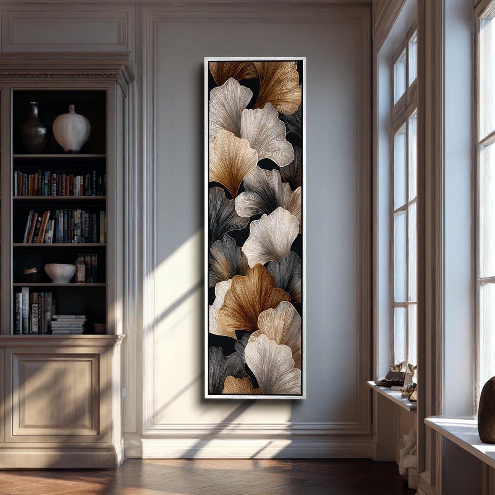 Cuadro decorativo vertical con motivos florales naturales, lienzo enmarcado o póster, impresiones en lienzo altas y delgadas para el hogar, decoración larga y estrecha (65 x 195 cm/marco interior).