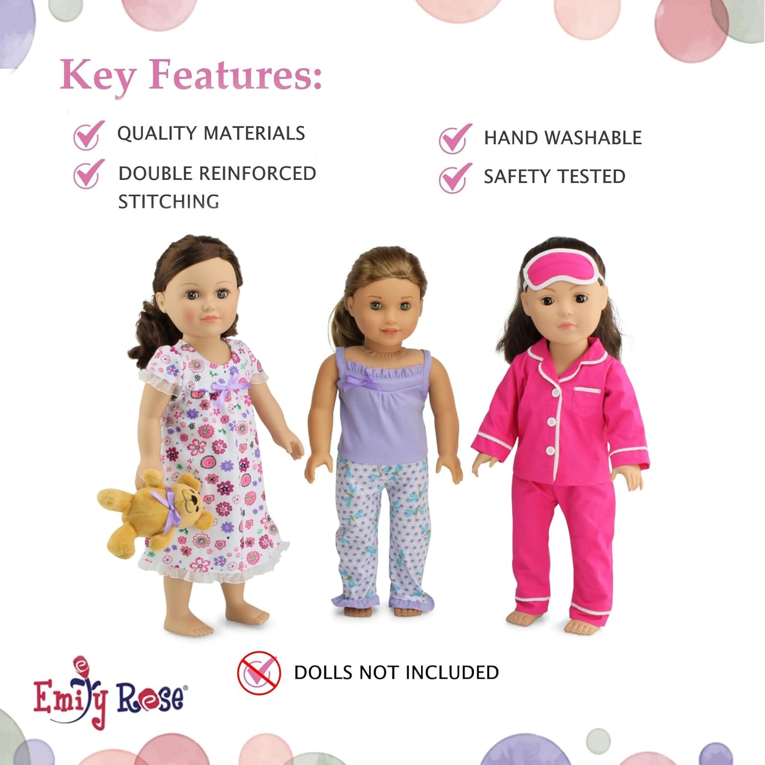 Emily Rose 18 Inch Doll Pajamas Bundle - 7 Piece Cozy PJs Set with Teddy Bear & Eye Mask