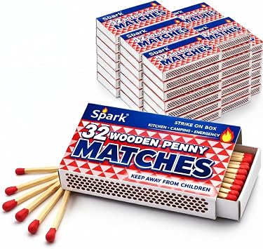 SPARK Bulk Wooden Safety Matches 500 Packs of 32-Count Strike-on-Box Penny Matches for Camping, Survival Kits, Emergency, Fireplace & BBQ, Wholesale Lot