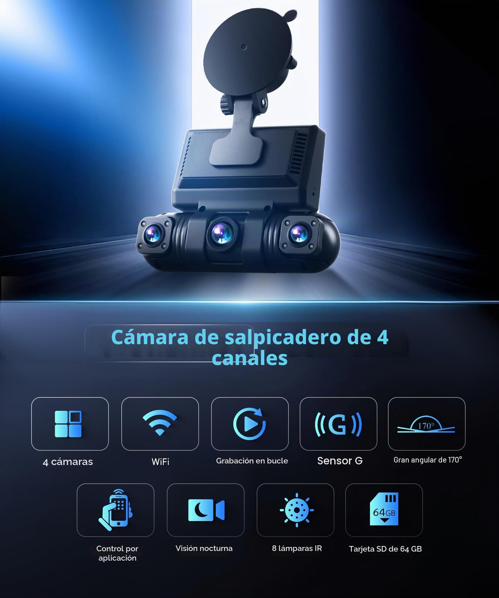 VECHTEL Cámara de salpicadero 2K para Coche,Delantera y Trasera,con WiFi,4 cámaras de salpicadero 1080P,Pantalla IPS de 3 Pulgadas visión Nocturna,Sensor G,360 ​​Grados,con 128 GB Card