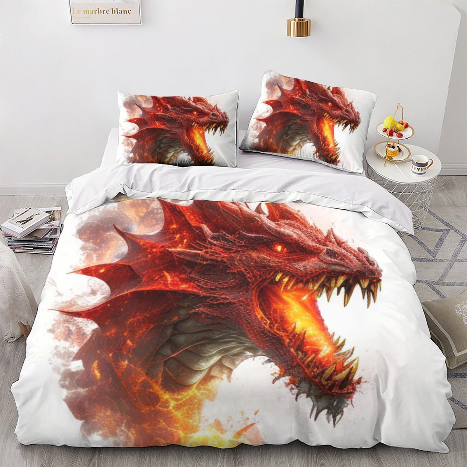 Housse de couette dragon chinois lit 2 personnes microfibre zippée