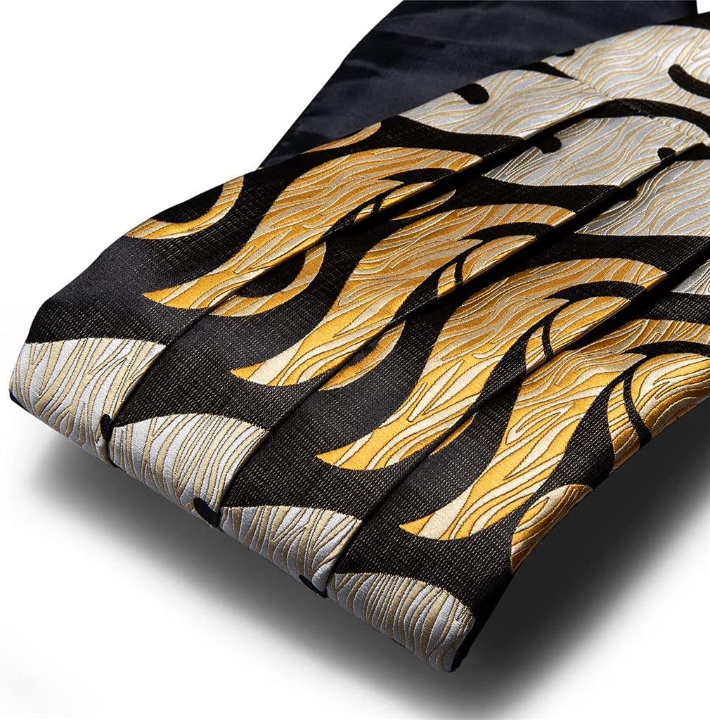 Men Gold Cummerbund Black Bow Tie Silk Floral Set Pocket Square Cufflink Formal For Tuxedo Suit