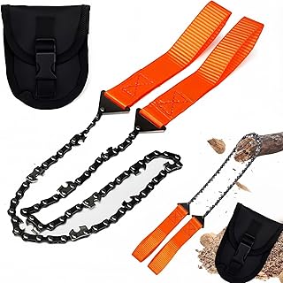 Survival Handkettensäge Mit 33 ZäHnen,Kompakte und Faltbare Camping Säge 65 cm,Holz Schnell und Einfach Sägen,Inkl GüRteltasche für Outdoor,Camping,Garten Outdoor(Orange)
