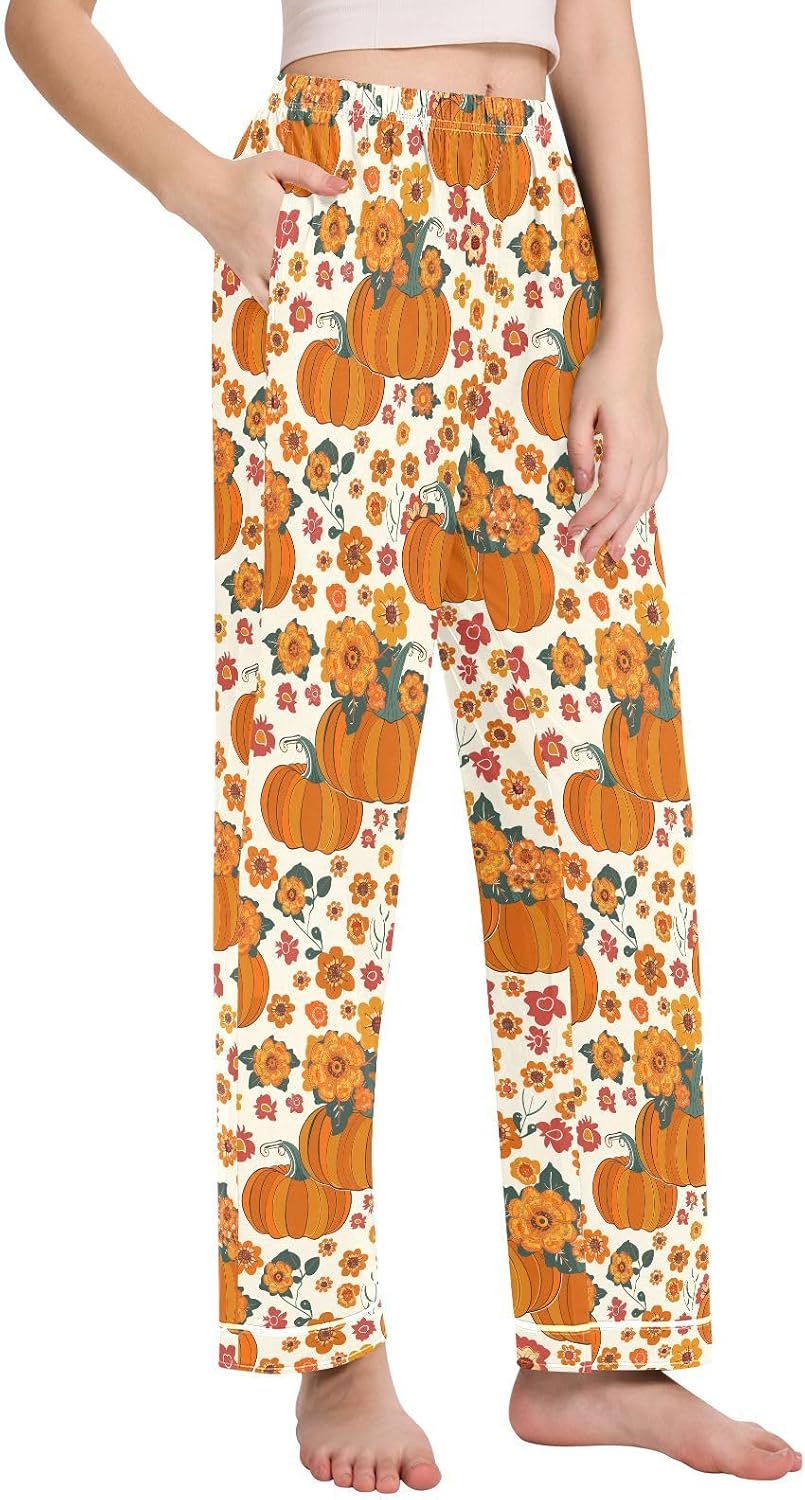 Pajama Pants Women Fall Pumpkin Floral Soft Sleep Lounge Pj Bottoms with Pocket S-XXL