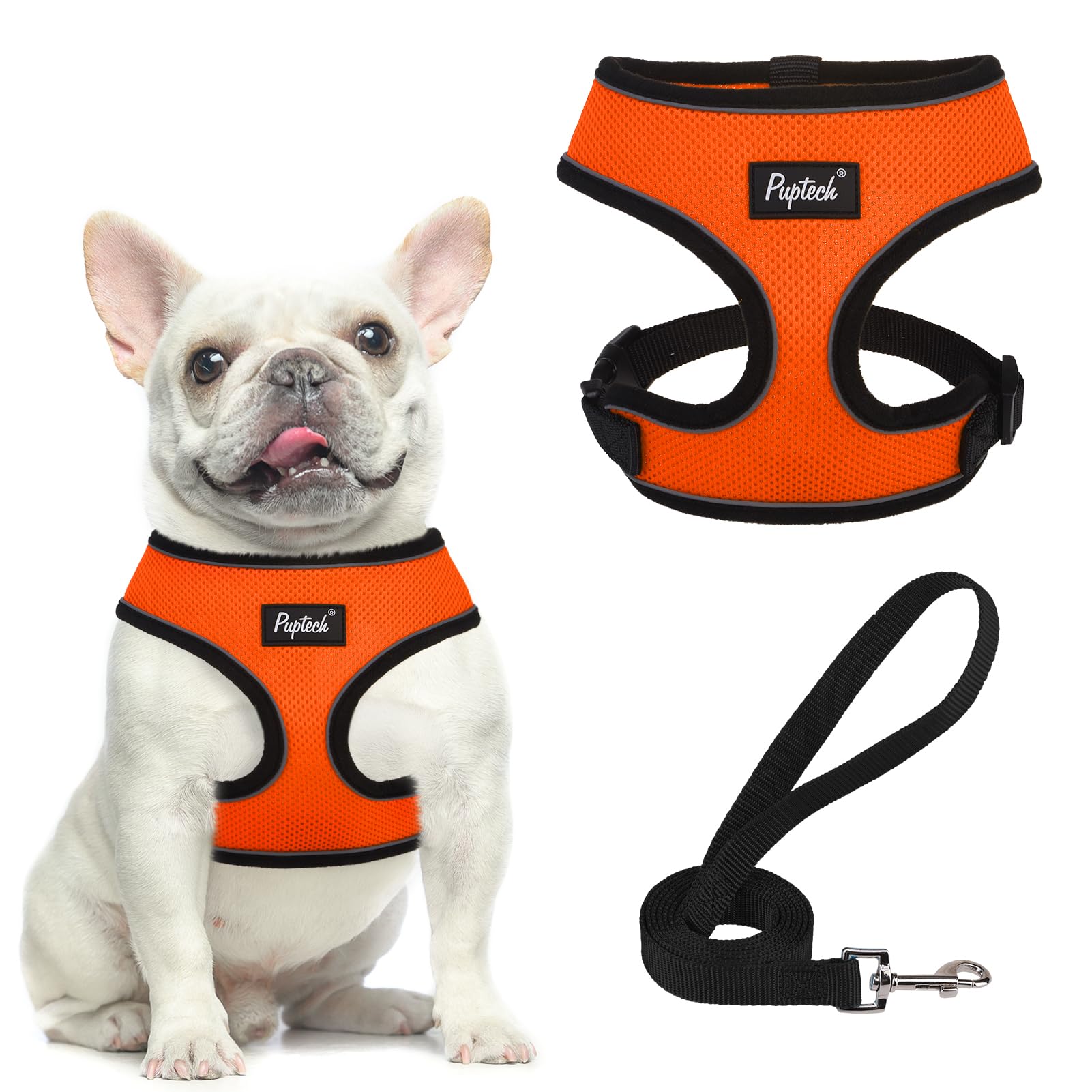 PUPTECK Soft Mesh Dog Harness and Leash Set Pet Puppy Cat Comfort Padded Vest No Pull Harnesses, Solid Orange, M