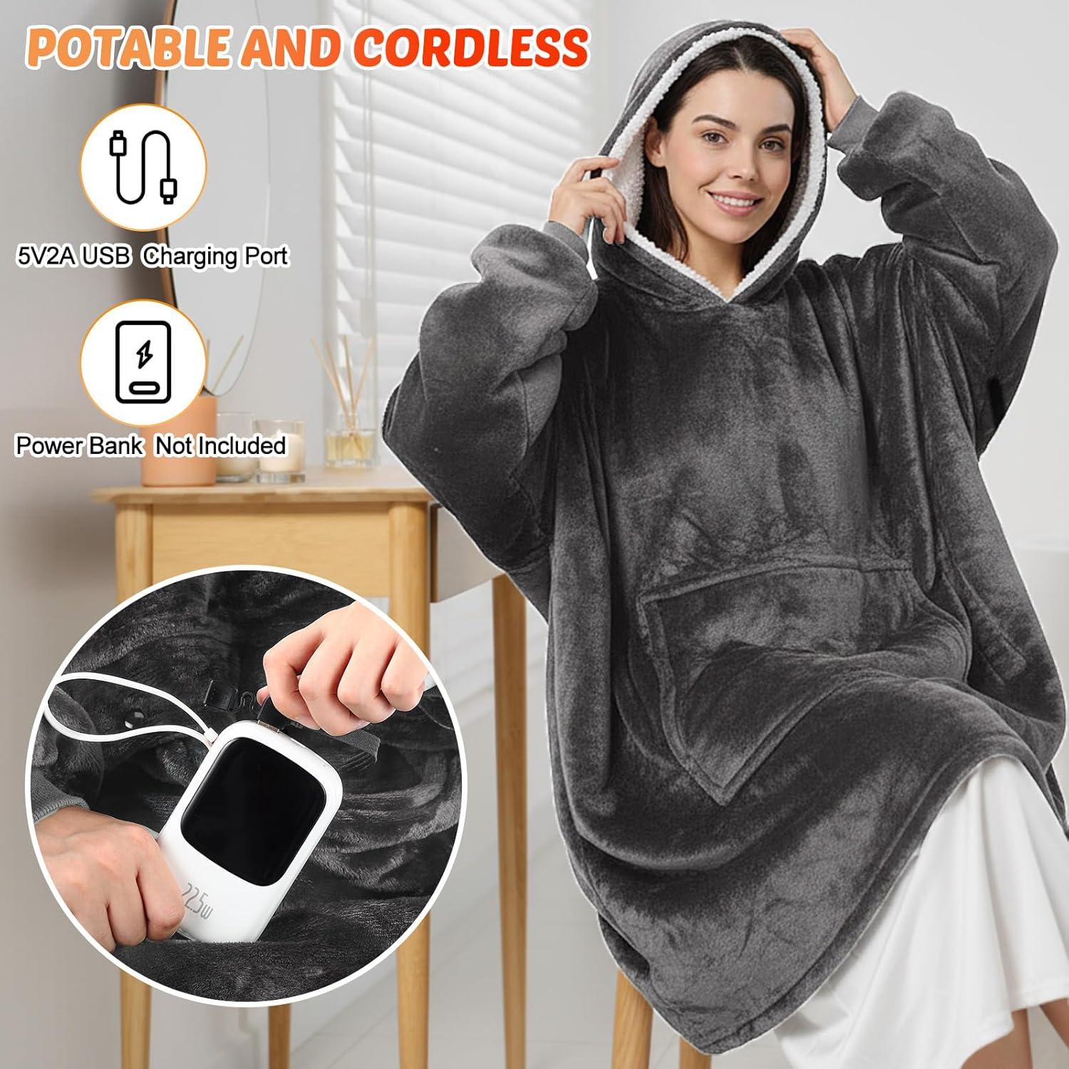 Heated Blanket Wearable Hoodie USB Oversized Heated Sweatshirt for Women with Giant Pocket 3 Heating Levels(Light Grey,No Pattern) - Image 5