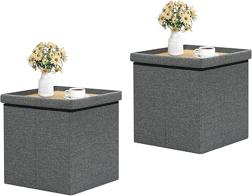 B FSOBEIIALEO - Reposapiés otomano plegable de lino con espacio de almacenamiento, también utilizable como mesa de café