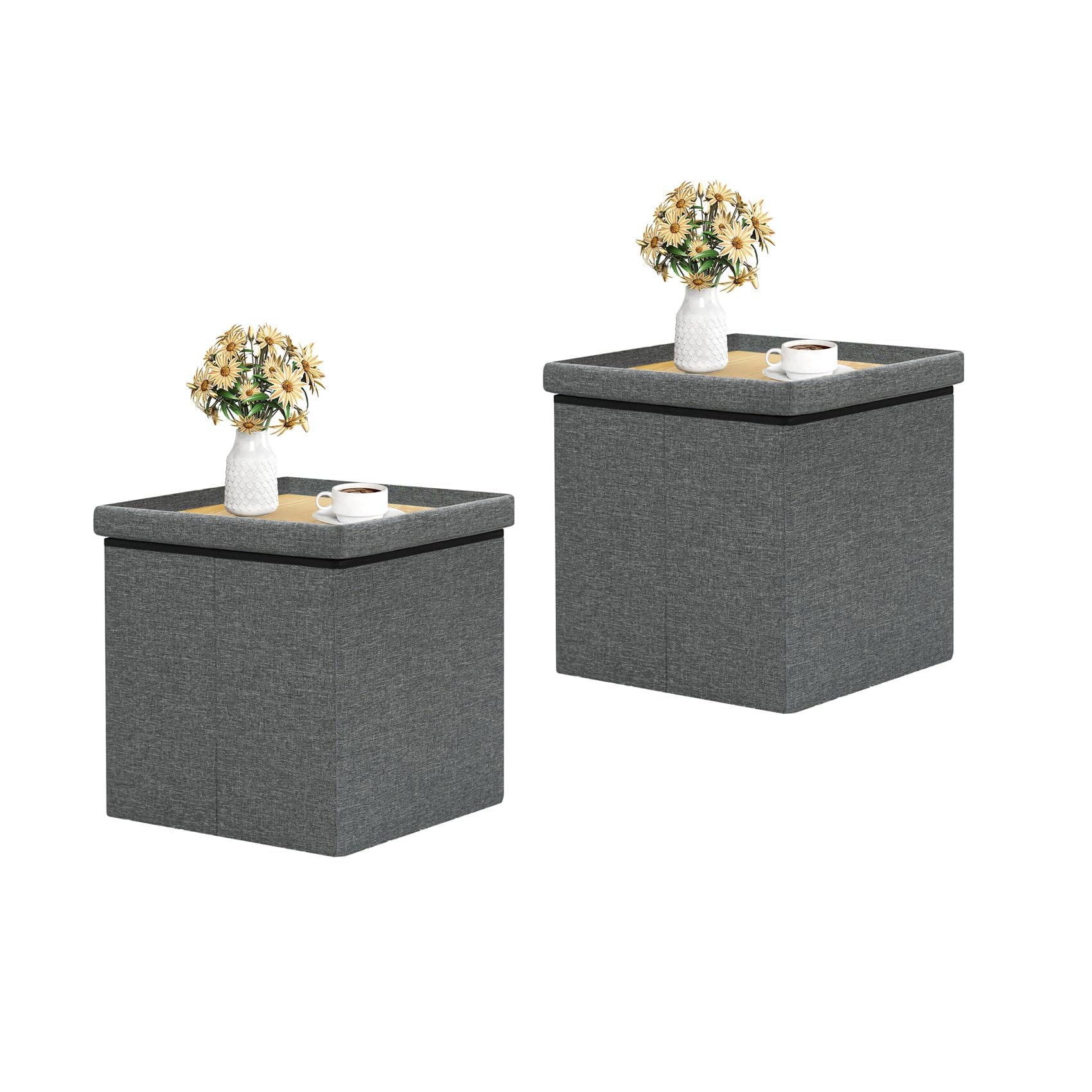B FSOBEIIALEO Storage Ottoman with Tray, Linen Small Coffee Table Folding Foot Rest Seat Cube, Dark Grey 16"X15.7"x15" Double (2 Pack)