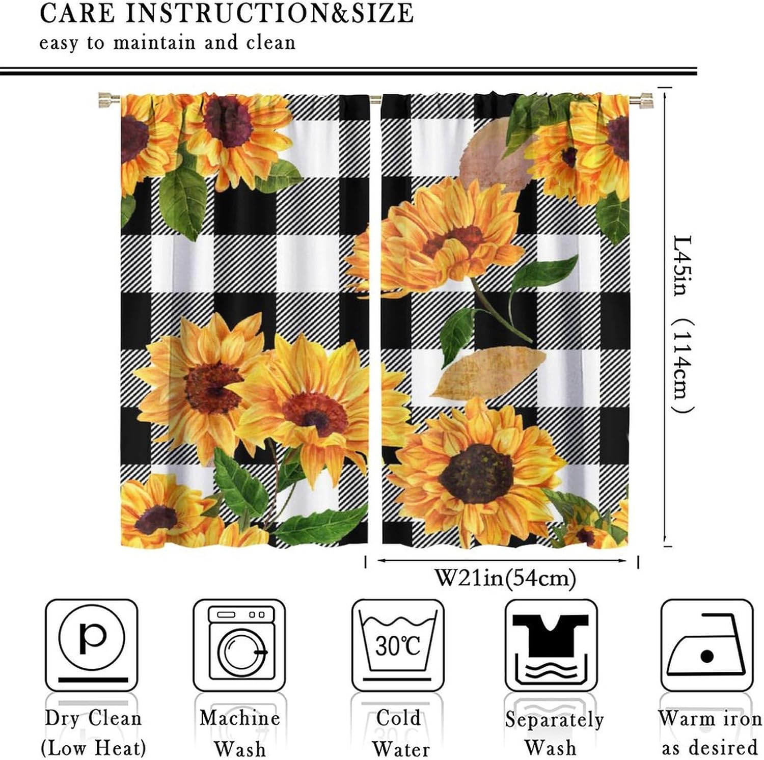 Sunflower Buffalo Plaid Check Curtains Yellow Floral Black White Stripe Garden Plants Curtain with Rod Pocket for Farmhouse Home Decor Drapes Window Treatments 2 Panels Set 42x45 Inch