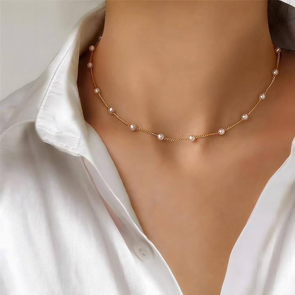 Amazon.com: Gold Pearl Necklace for Women Cute Thin Chain Pearl Necklace  Simple Gold Pearl Necklace Everyday Minimalist Jewelry(Pearl): Clothing,  Shoes & Jewelry