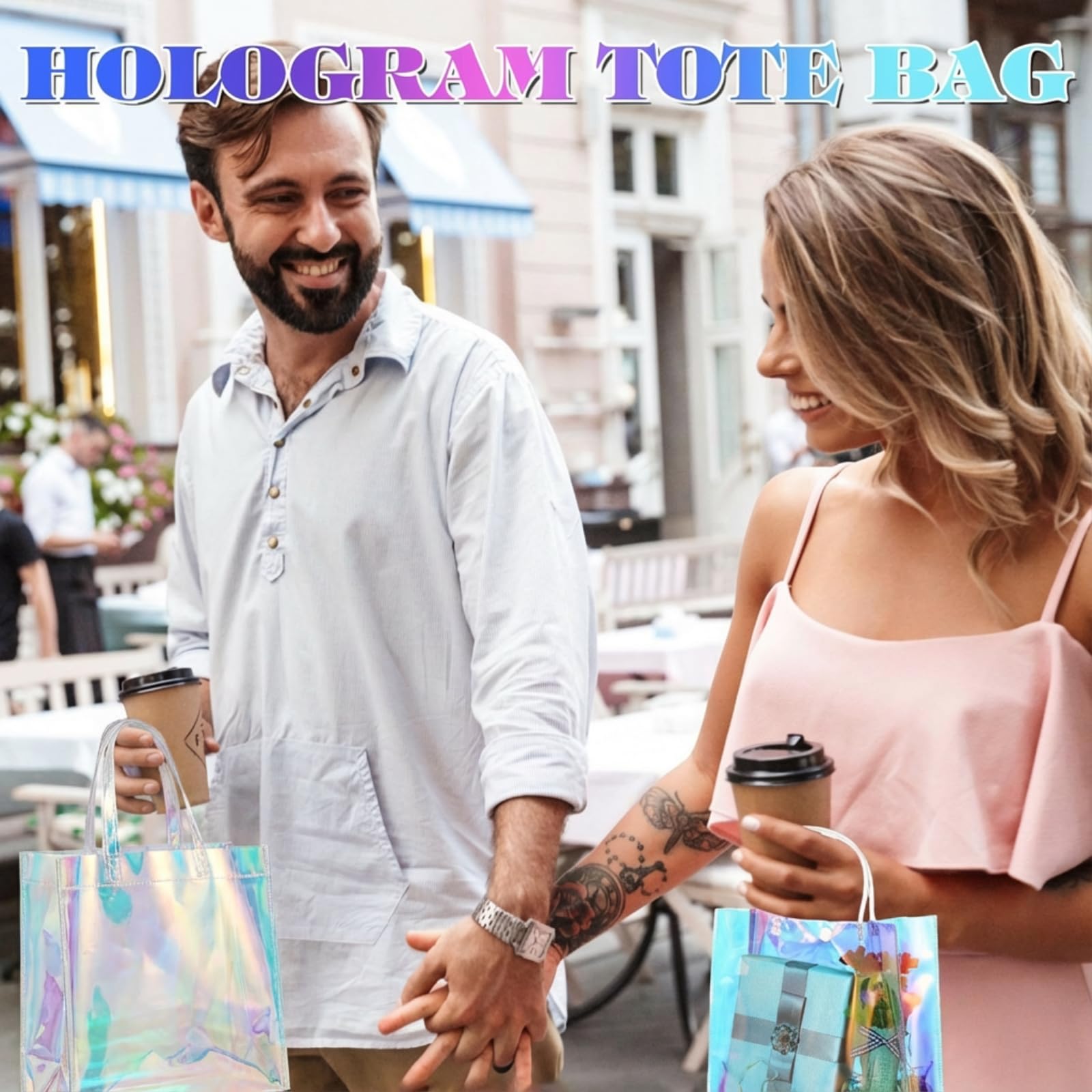 Sherr 16 Pcs Holographic Small Gift Bag Reusable Iridescent Clear Bags for Women PVC Plastic Goodie Holder with Handles for Shopping Christmas Holiday Party Favor(6.3" x 9.84" x 3.15",Rainbow)