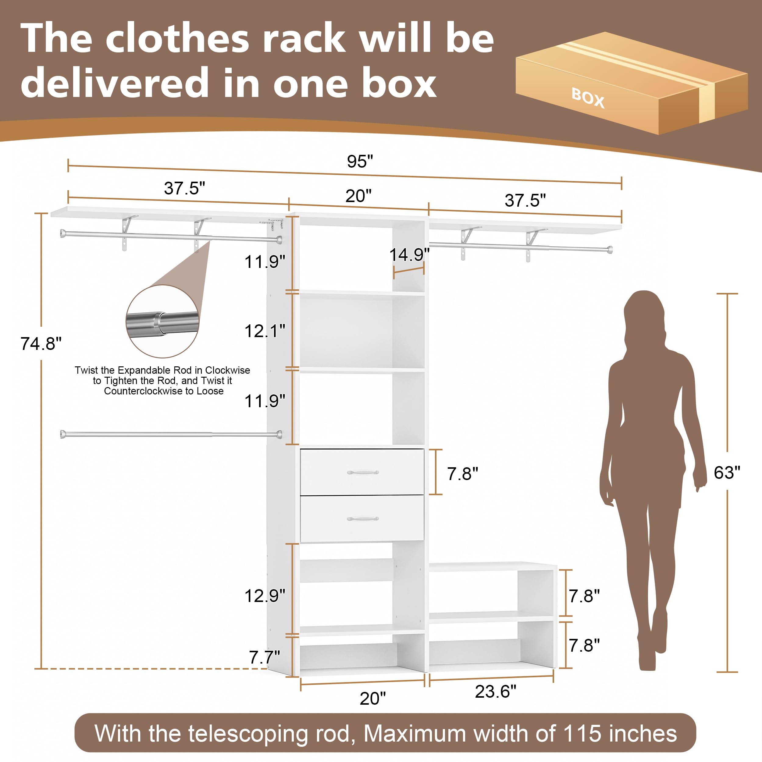 8FT Closet System with 3 Adjustabl Hanging Rods, Walk in Closet Organizer with 2 Drawers and Versatile Storage, Wood Heavy Duty Clothes Rack , Built-In Garment Rack, 96