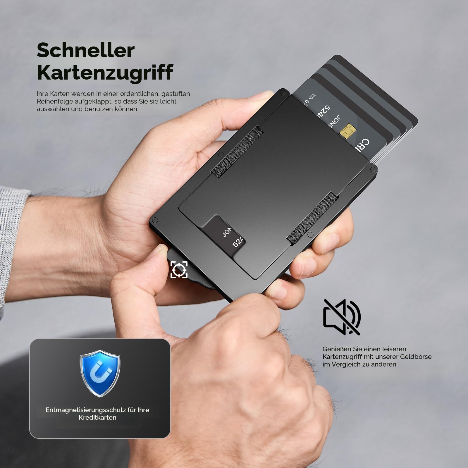 Metall Geldklammer Herren für 10-20 Karten & 20 Geldschein Pop-up Kartenetui Herren mit RFID Schutz Slim Wallet Metall CardHolder mit Smart Kartensteckplatz (Schwarz)