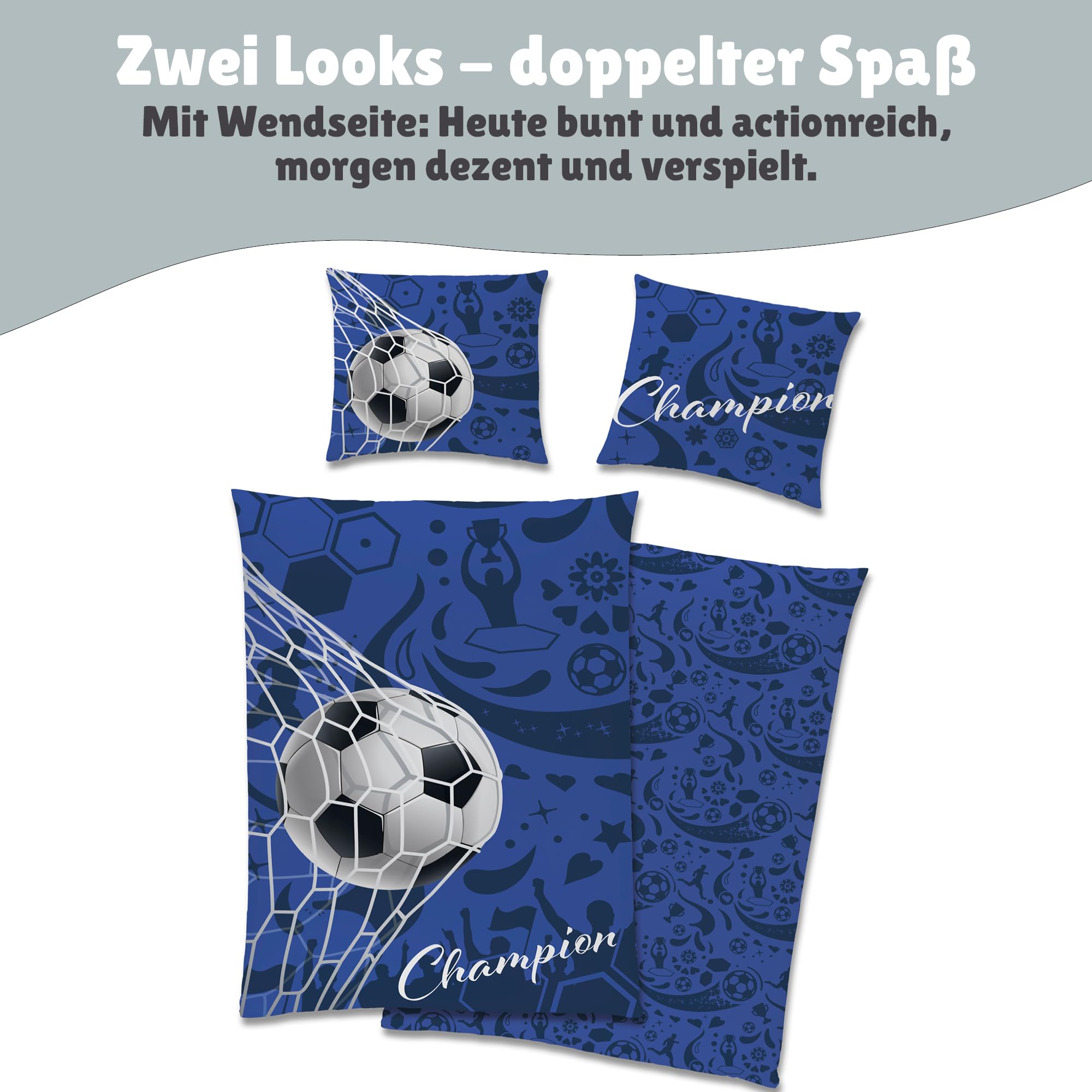 Familando – Fußball Bettwäsche-Set (2-teilig) – Decken- & Kissenbezug 135x200 cm & 80x80 cm mit Reißverschluss – 100% Baumwolle – Wendemotiv Champion – Atmungsaktiv & hautfreundlich - Öko-TEX